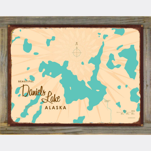 Daniels Lake Alaska, Wood-Mounted Rustic Metal Sign Map Art