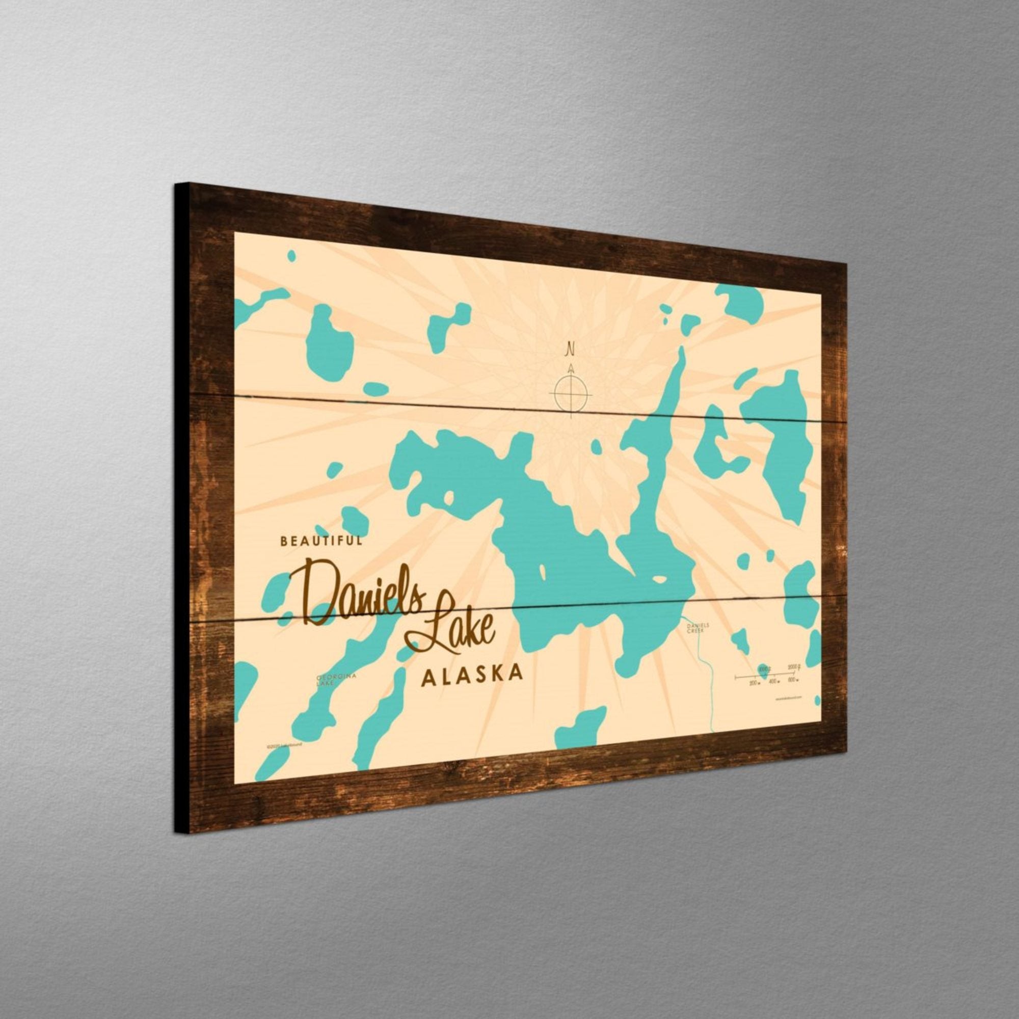 Daniels Lake Alaska, Rustic Wood Sign Map Art