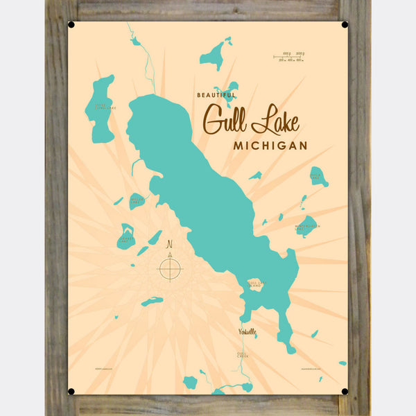 Gull Lake Michigan, Wood-Mounted Metal Sign Map Art