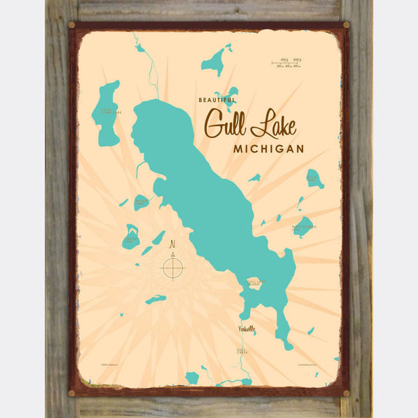 Gull Lake Michigan, Wood-Mounted Rustic Metal Sign Map Art