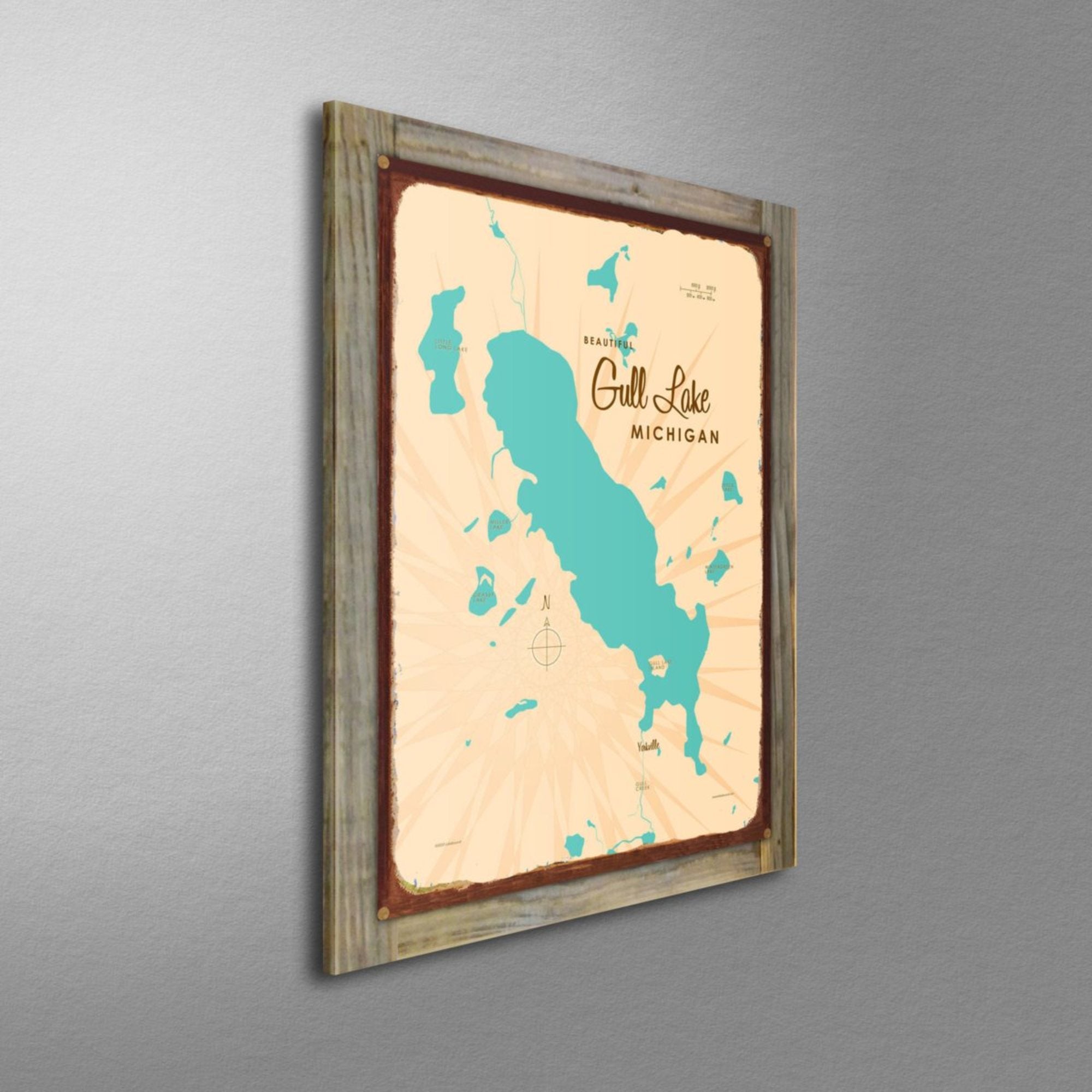 Gull Lake Michigan, Wood-Mounted Rustic Metal Sign Map Art