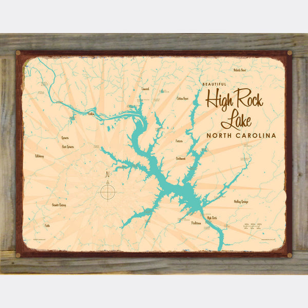 High Rock Lake North Carolina, Wood-Mounted Rustic Metal Sign Map Art