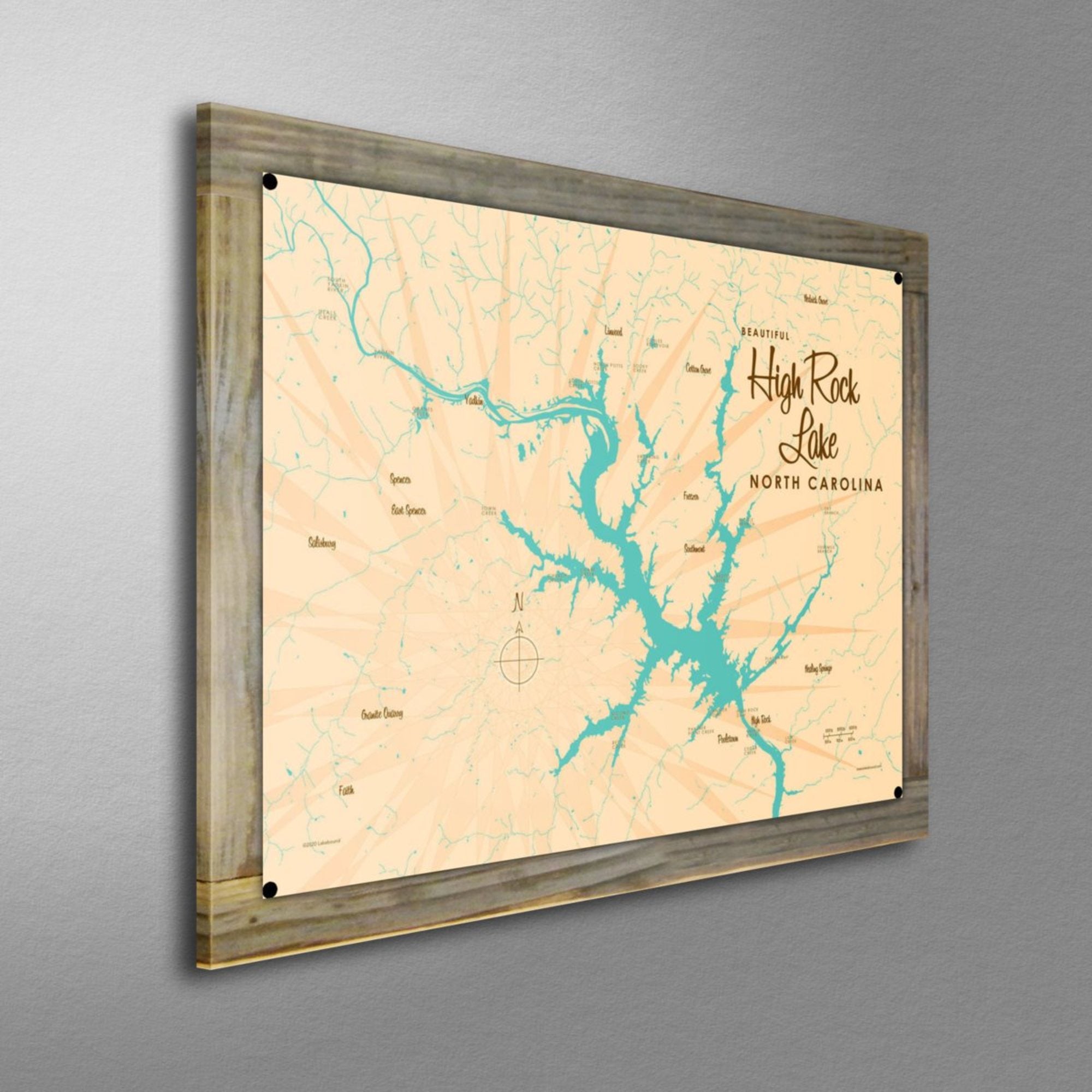 High Rock Lake North Carolina, Wood-Mounted Metal Sign Map Art