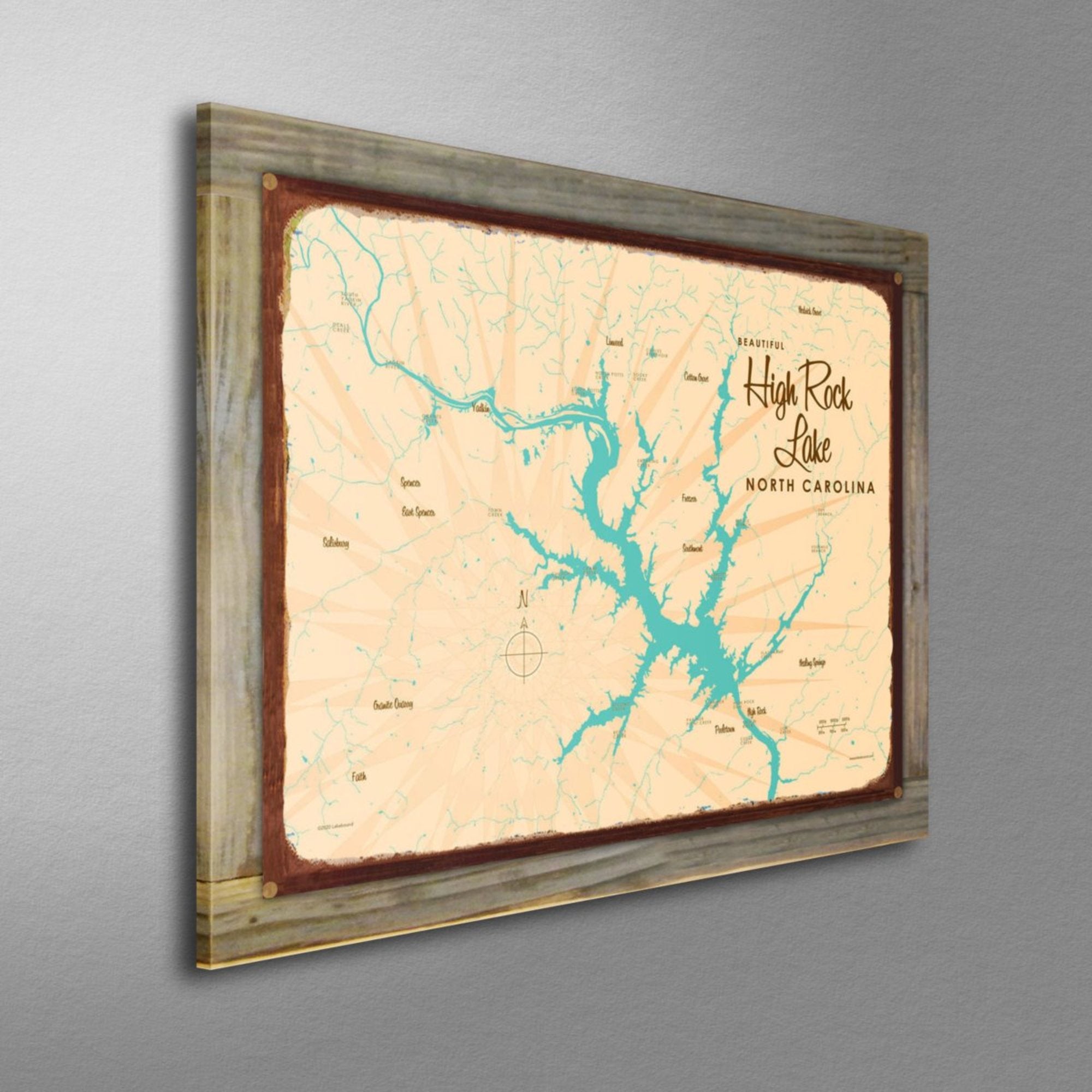 High Rock Lake North Carolina, Wood-Mounted Rustic Metal Sign Map Art