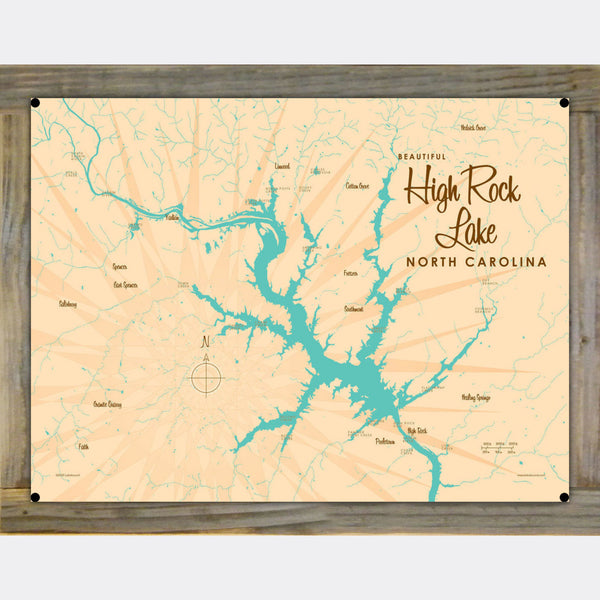 High Rock Lake North Carolina, Wood-Mounted Metal Sign Map Art