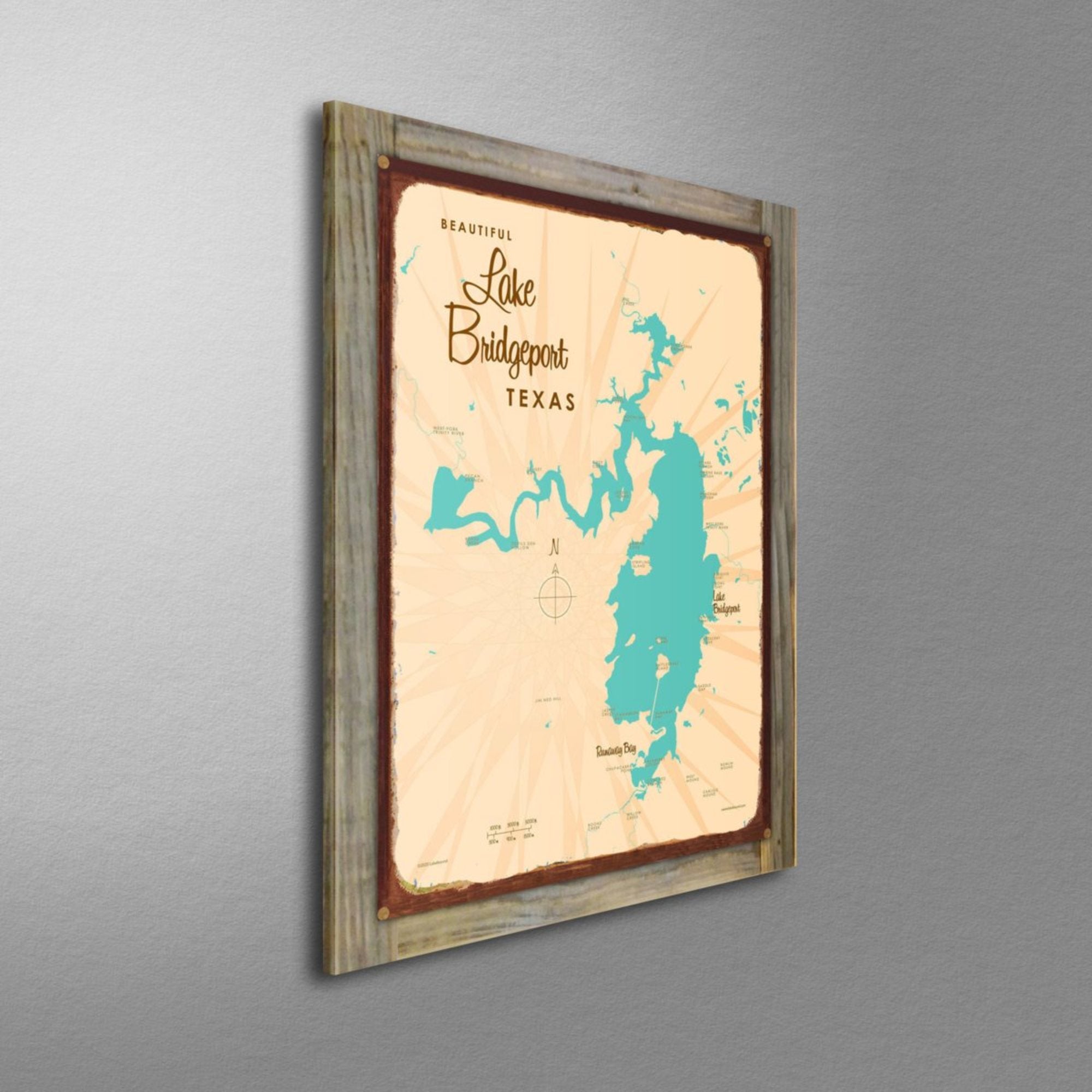 Lake Bridgeport Texas, Wood-Mounted Rustic Metal Sign Map Art