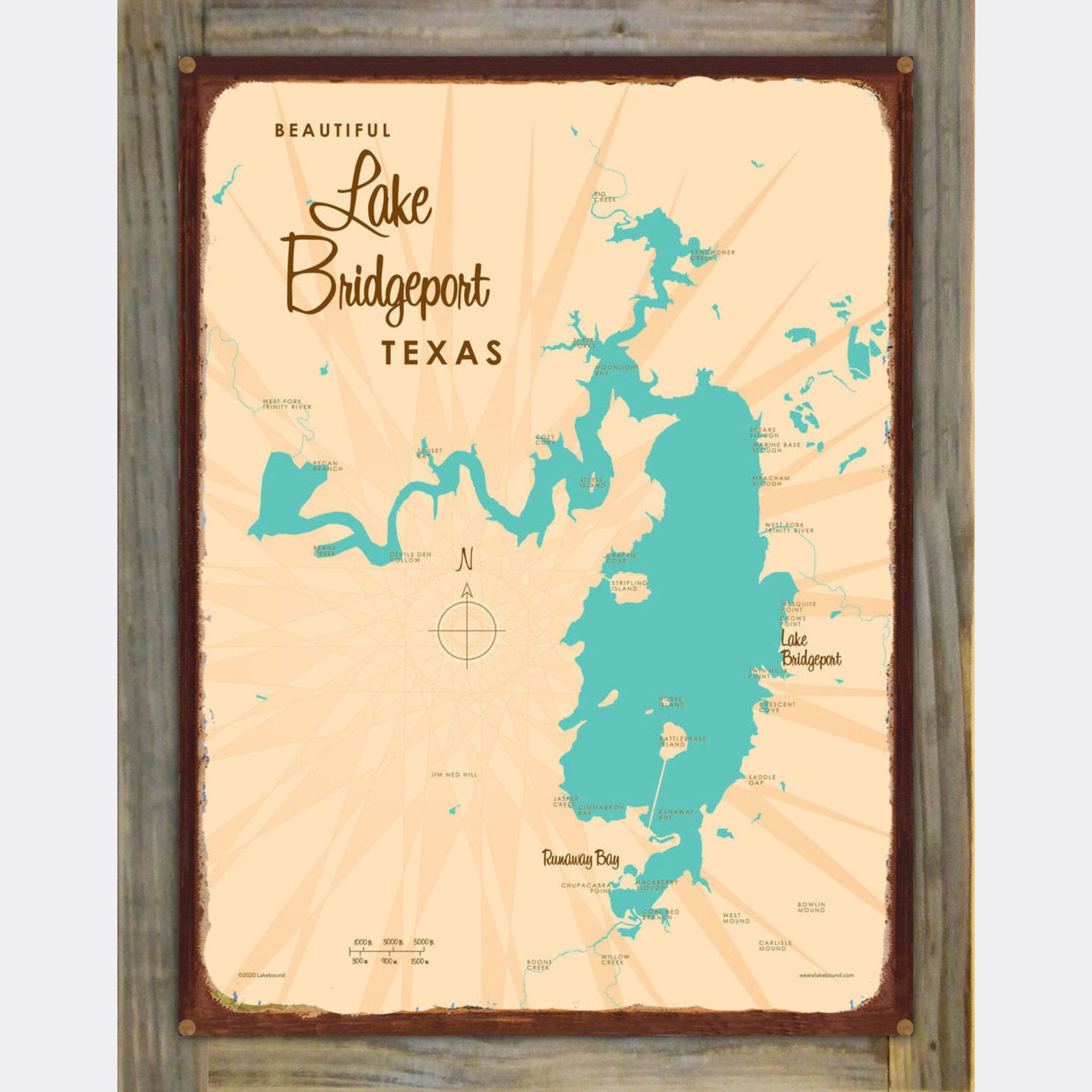 Lake Bridgeport Texas, Wood-Mounted Rustic Metal Sign Map Art