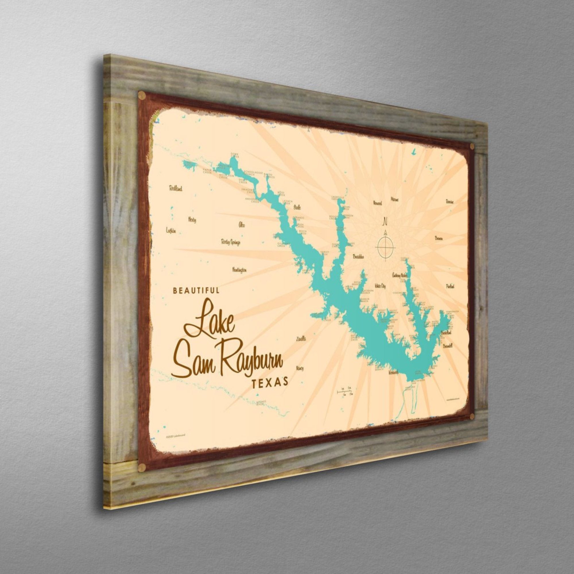 Lake Sam Rayburn Texas, Wood-Mounted Rustic Metal Sign Map Art