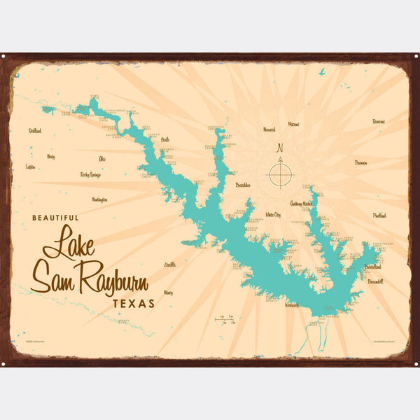 Lake Sam Rayburn Texas, Rustic Metal Sign Map Art