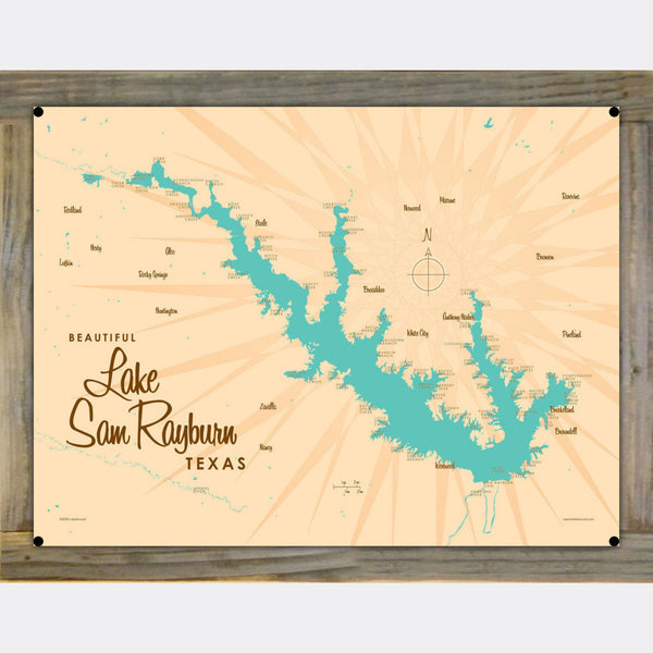 Lake Sam Rayburn Texas, Wood-Mounted Metal Sign Map Art