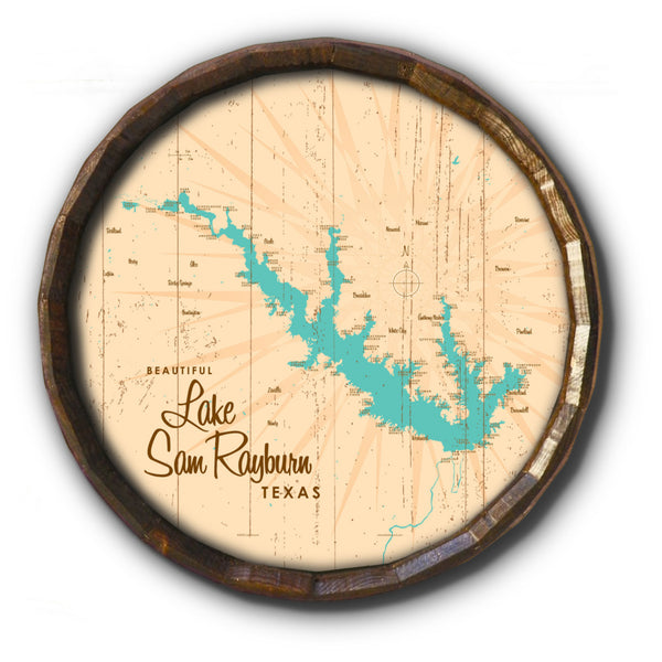 Lake Sam Rayburn Texas, Rustic Barrel End Map Art