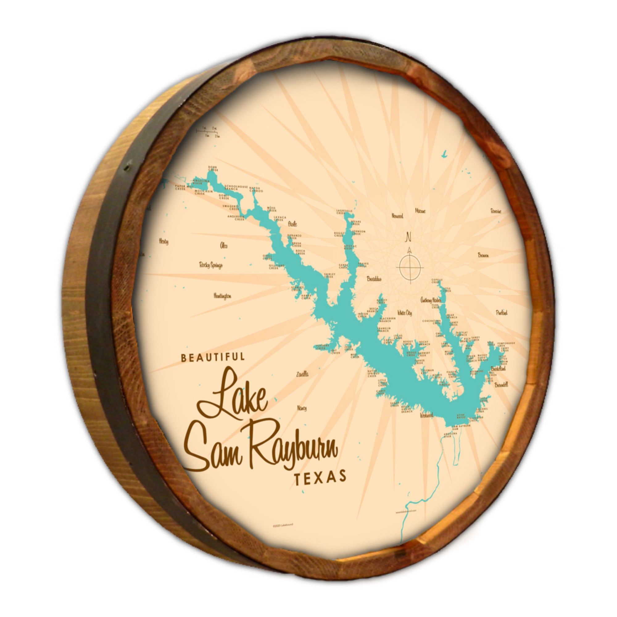 Lake Sam Rayburn Texas, Barrel End Map Art
