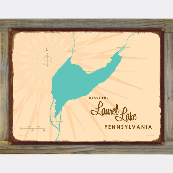 Laurel Lake Pennsylvania, Wood-Mounted Rustic Metal Sign Map Art