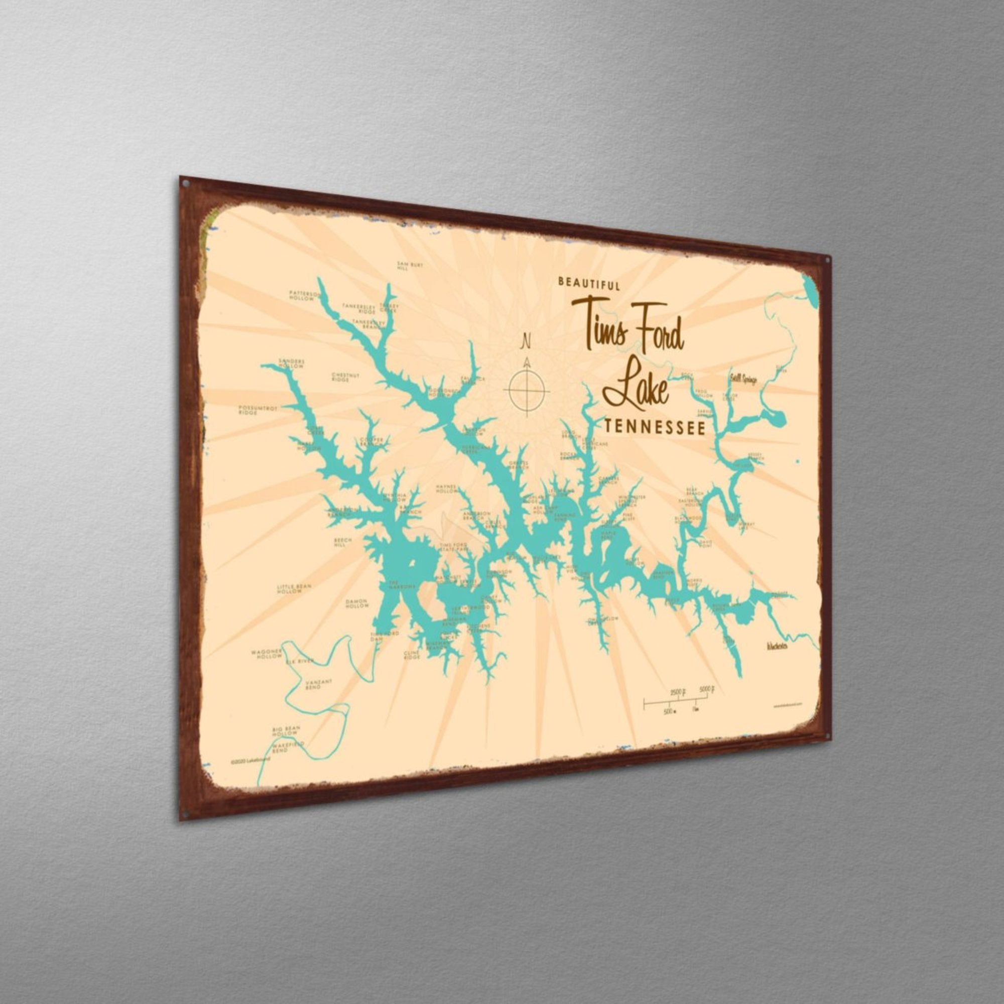 Tims Ford Lake Tennessee, Rustic Metal Sign Map Art
