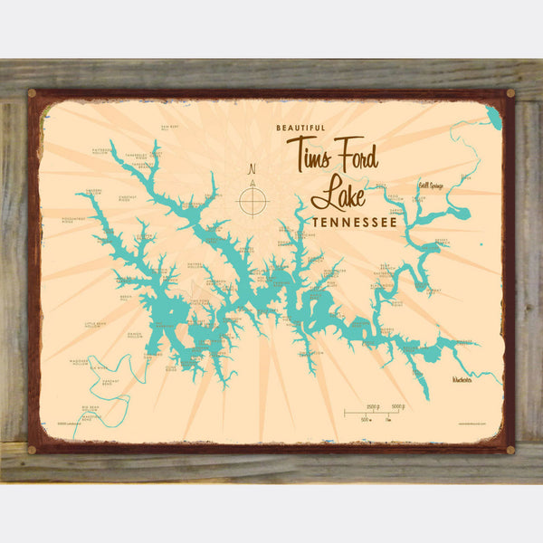Tims Ford Lake Tennessee, Wood-Mounted Rustic Metal Sign Map Art