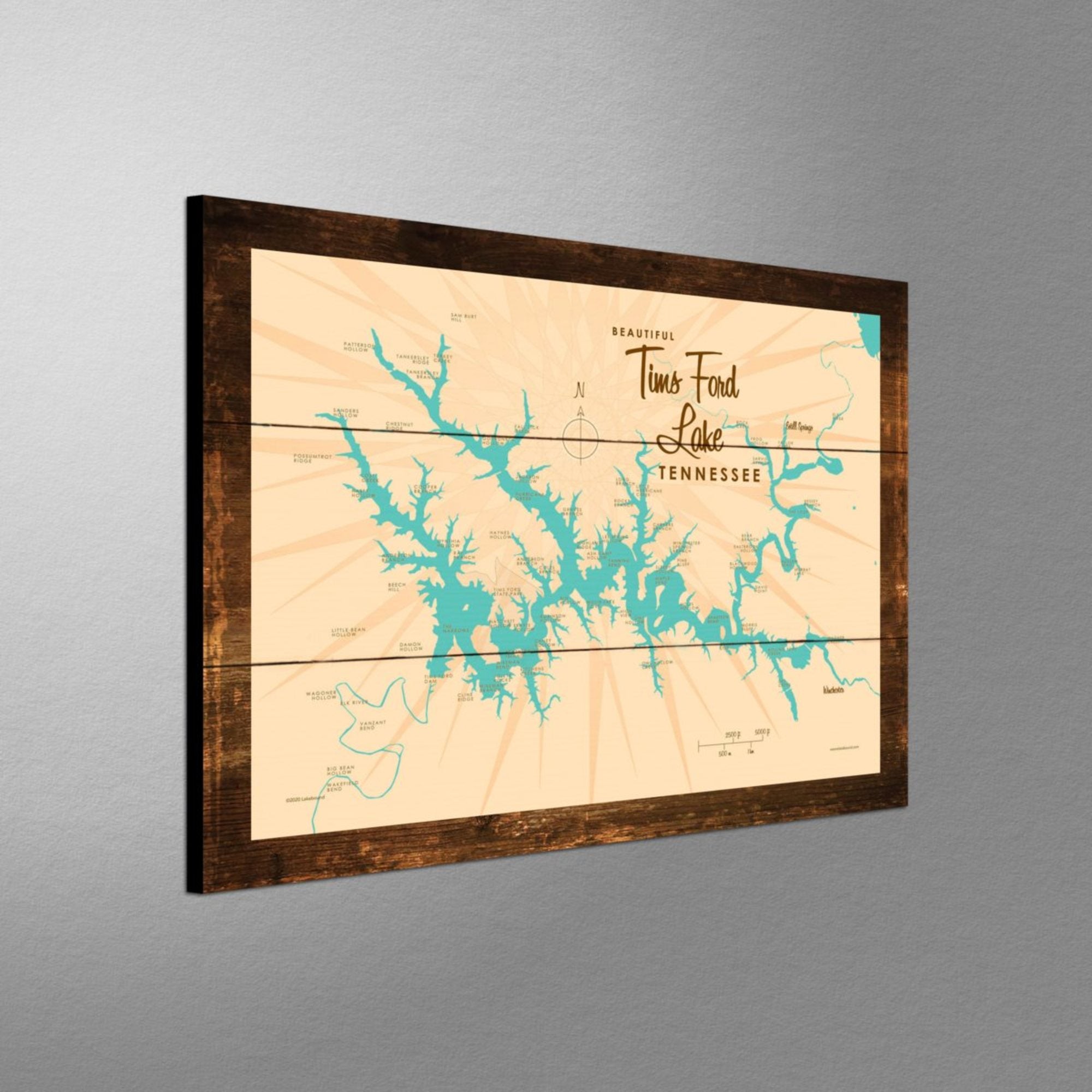 Tims Ford Lake Tennessee, Rustic Wood Sign Map Art