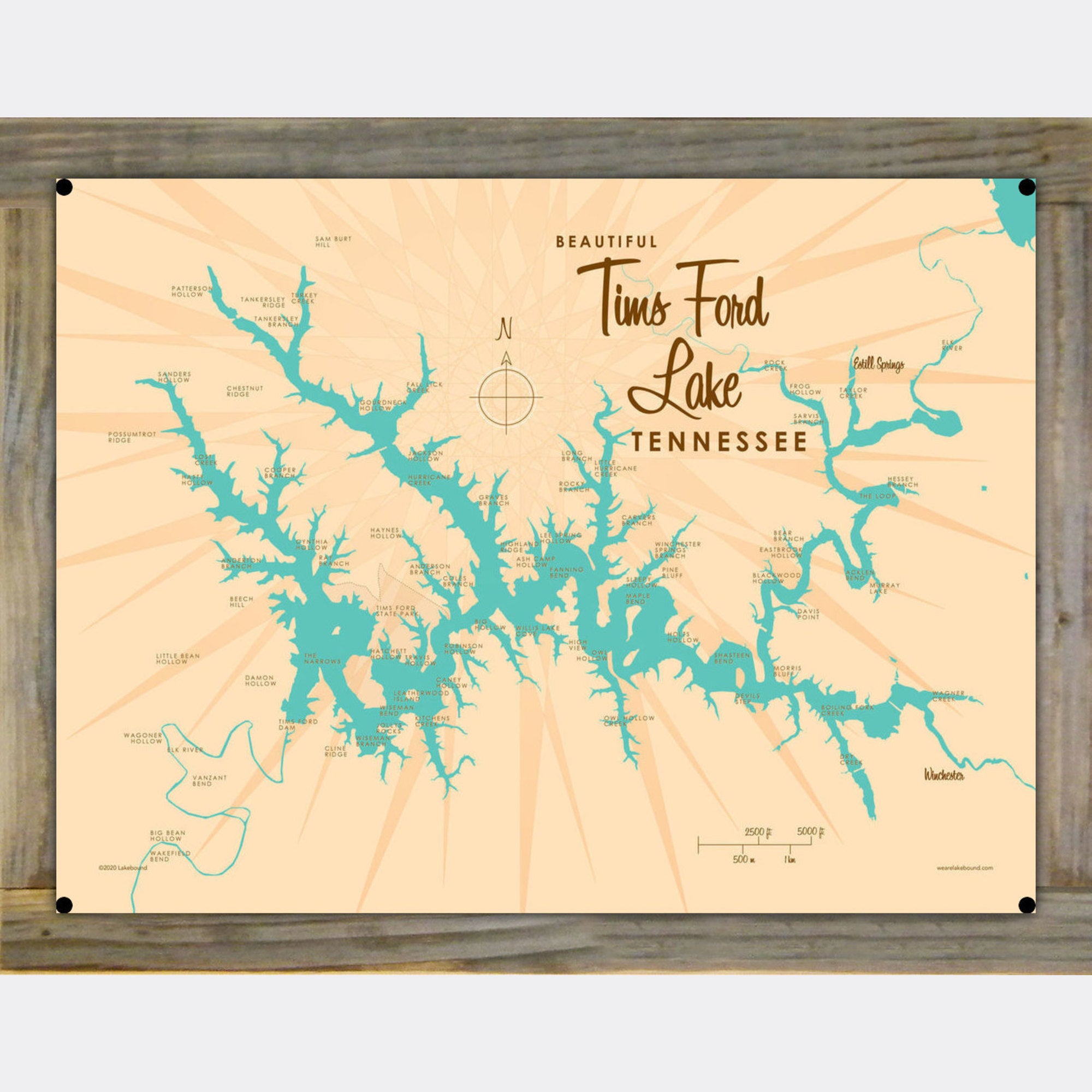 Tims Ford Lake Tennessee, Wood-Mounted Metal Sign Map Art