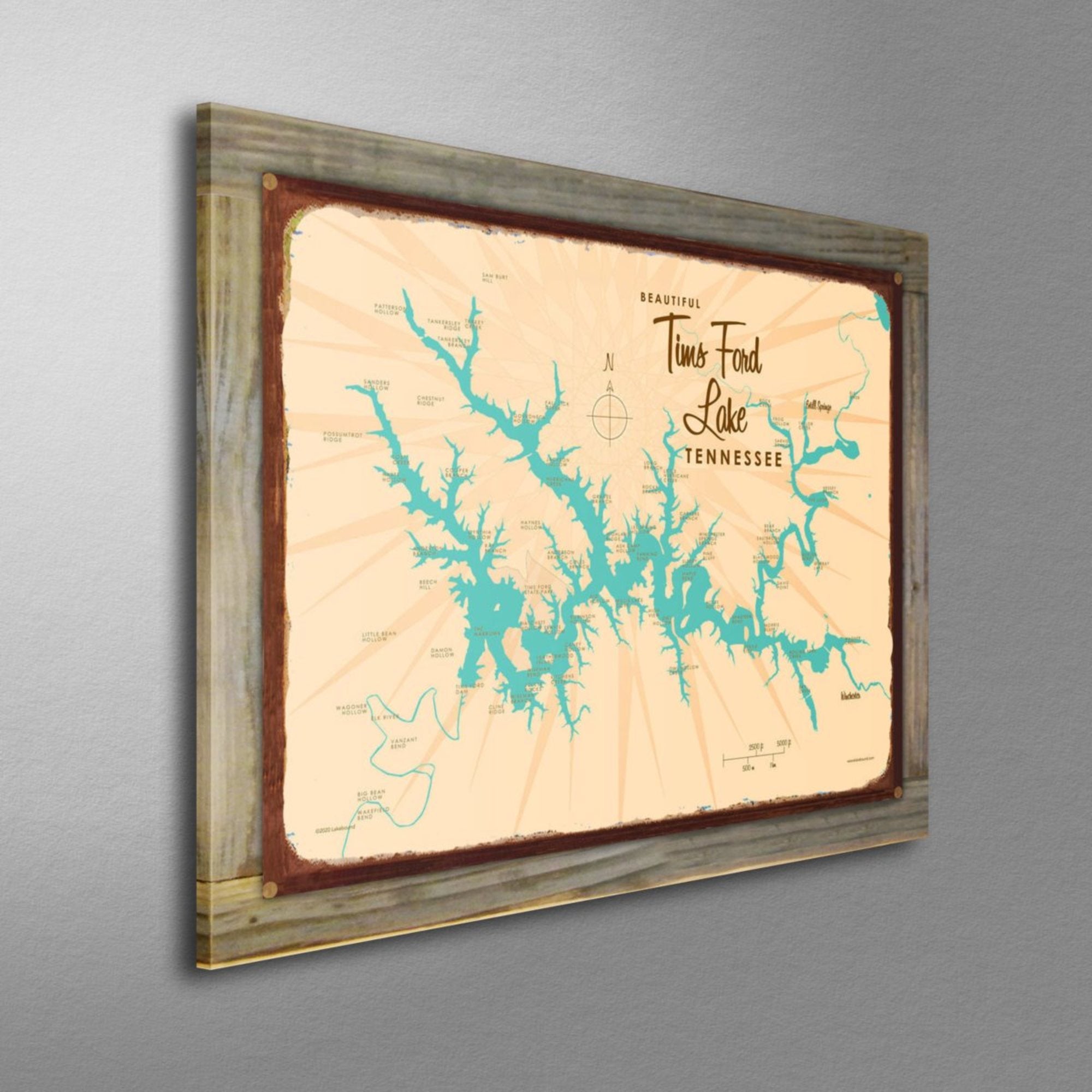 Tims Ford Lake Tennessee, Wood-Mounted Rustic Metal Sign Map Art