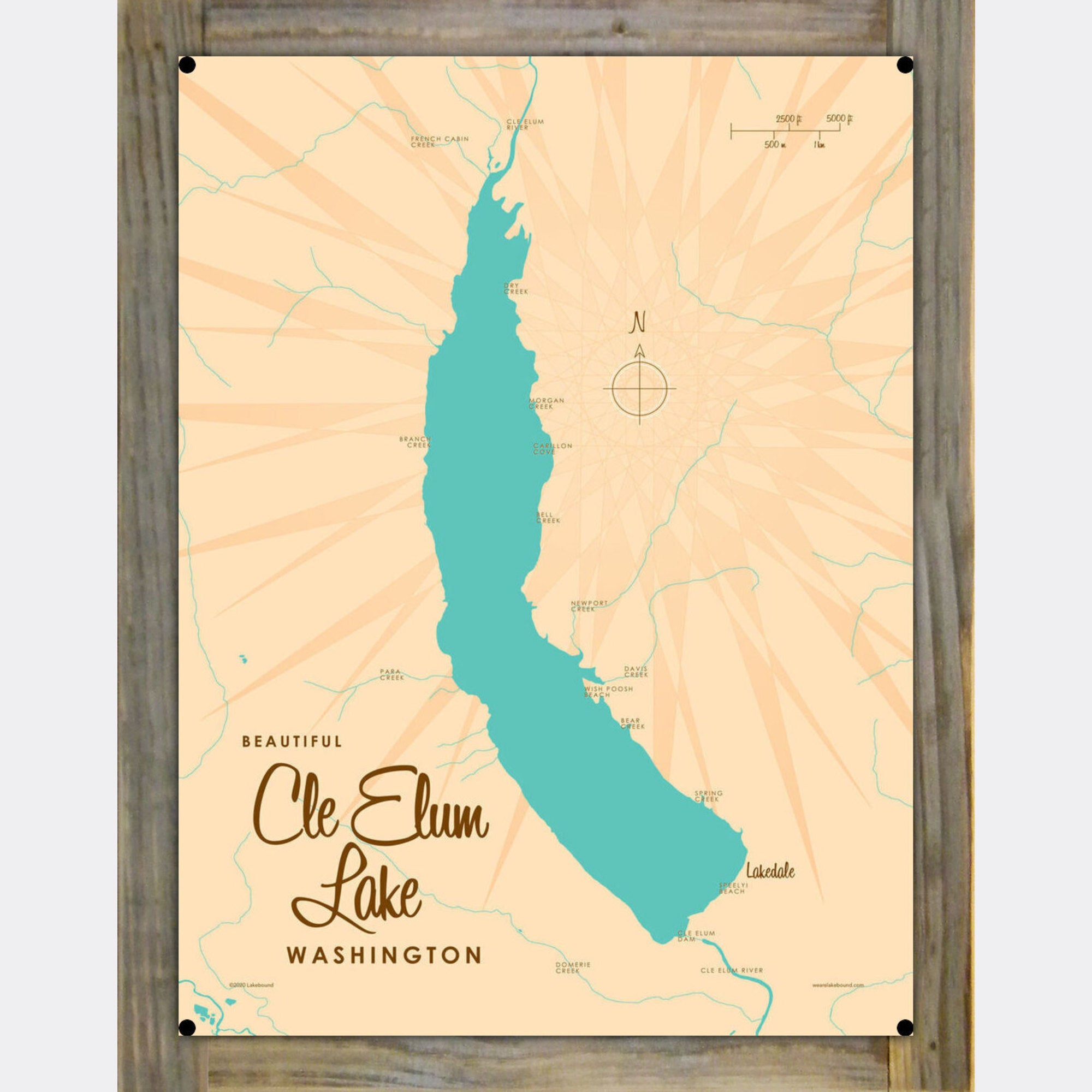 Cle Elum Lake Washington, Wood-Mounted Metal Sign Map Art