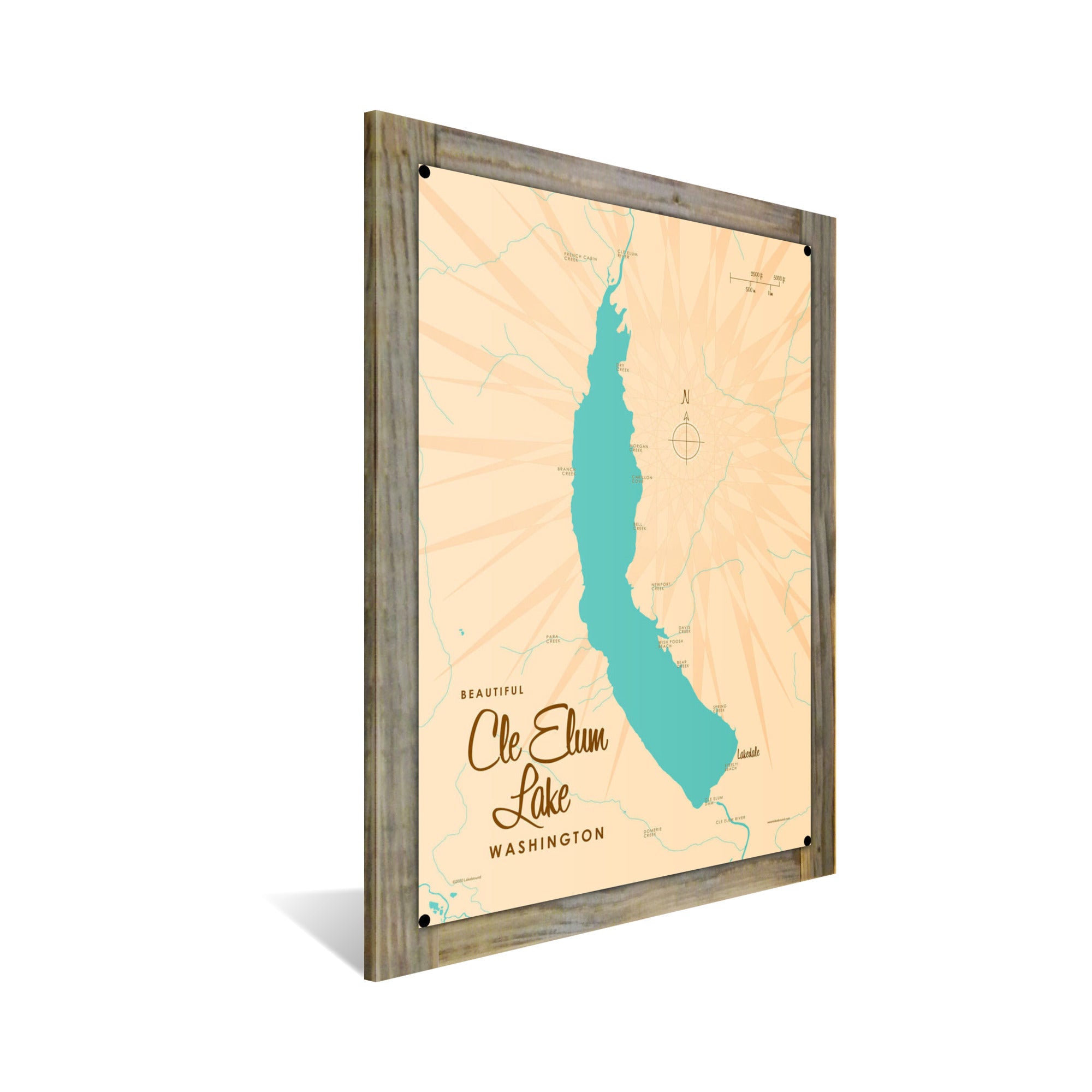 Cle Elum Lake Washington, Wood-Mounted Metal Sign Map Art
