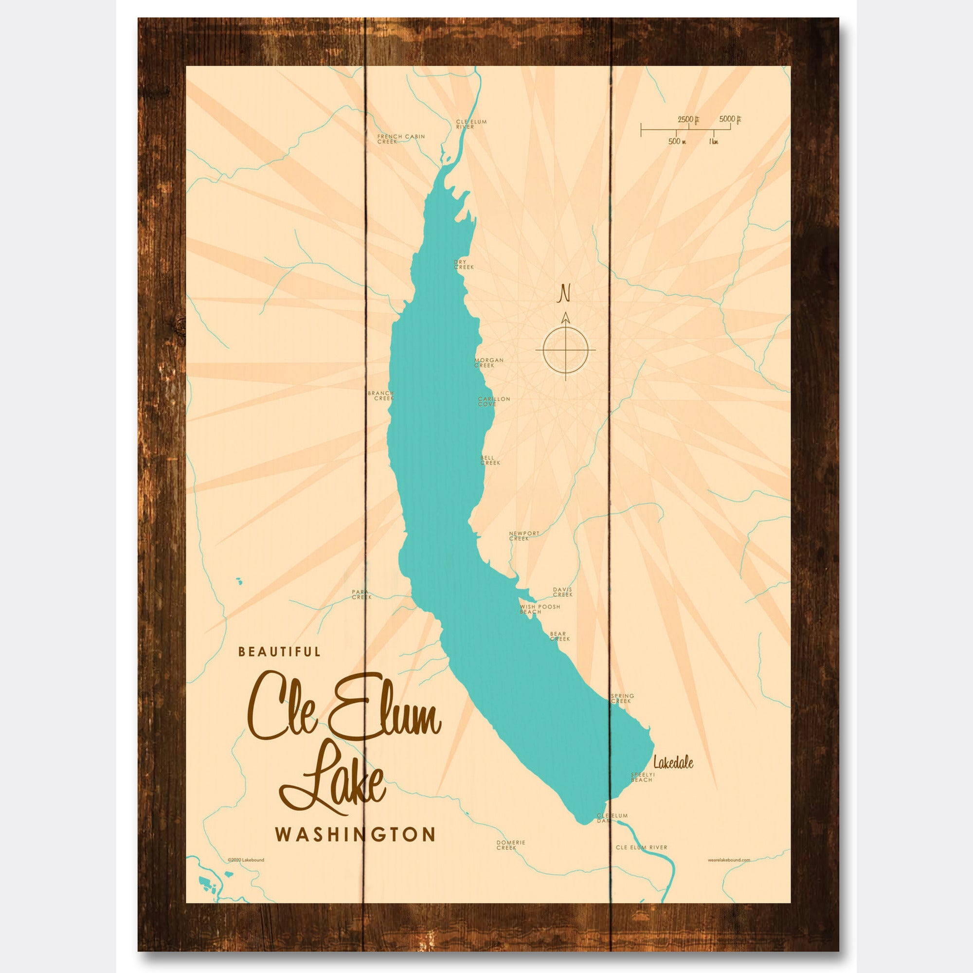 Cle Elum Lake Washington, Rustic Wood Sign Map Art