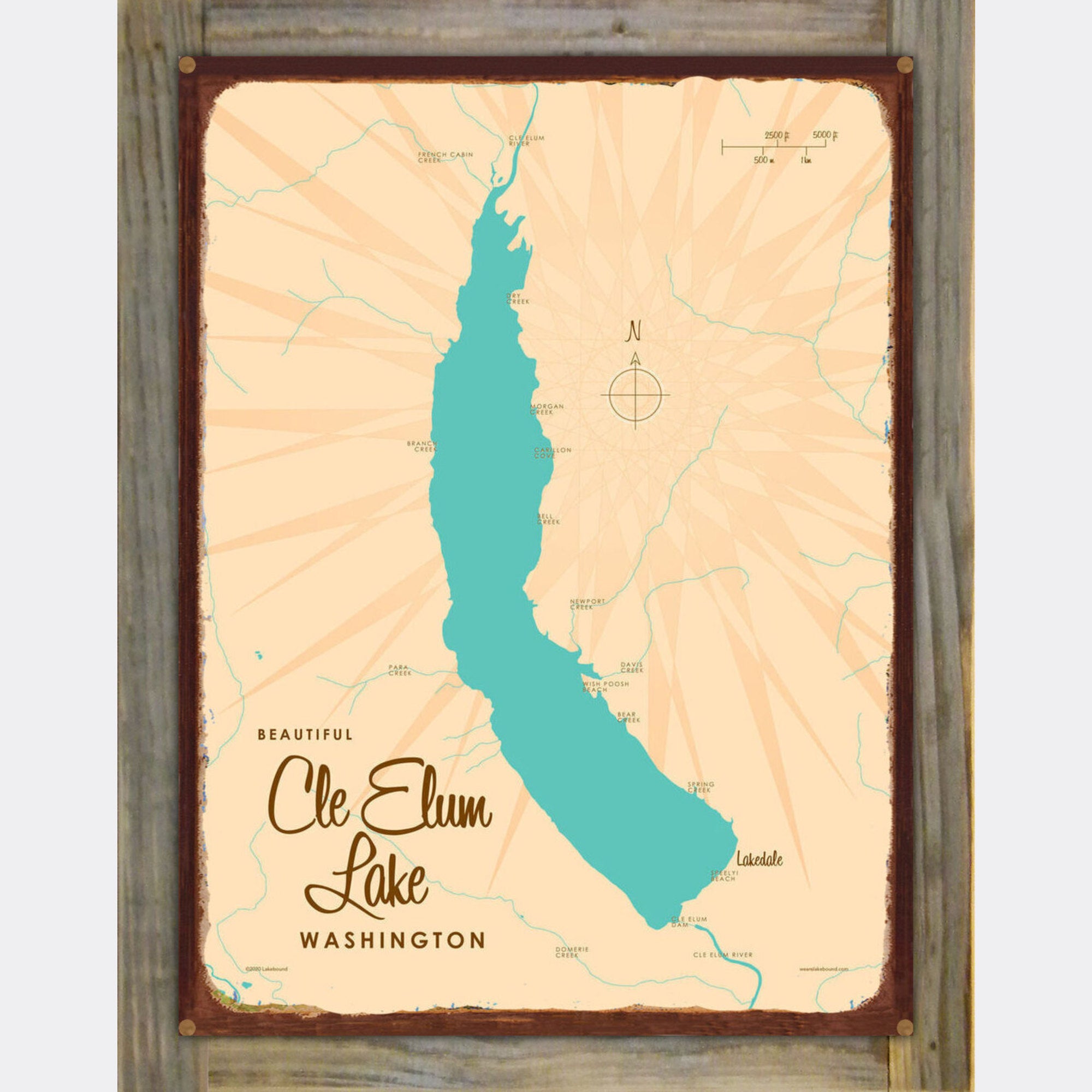 Cle Elum Lake Washington, Wood-Mounted Rustic Metal Sign Map Art