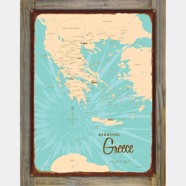Greece, Wood-Mounted Rustic Metal Sign Map Art