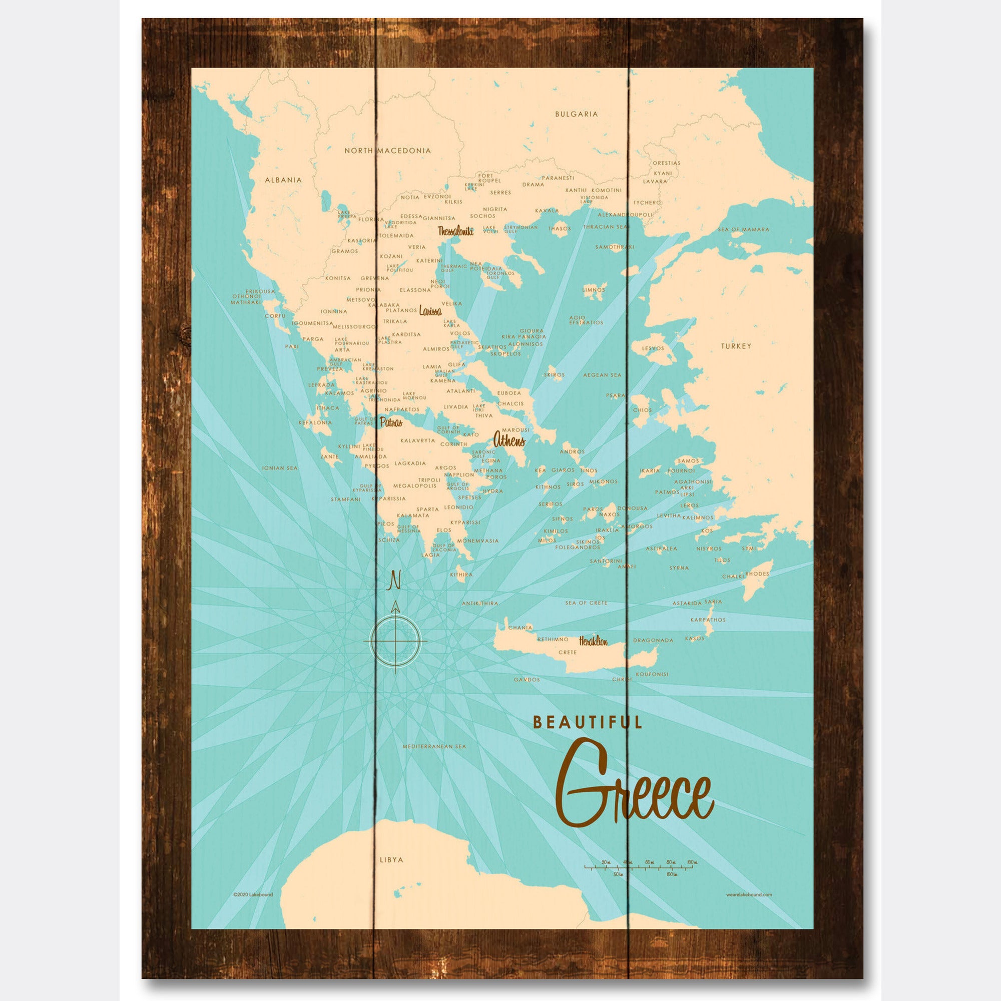Greece, Rustic Wood Sign Map Art