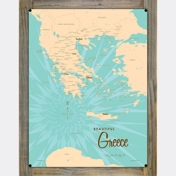 Greece, Wood-Mounted Metal Sign Map Art