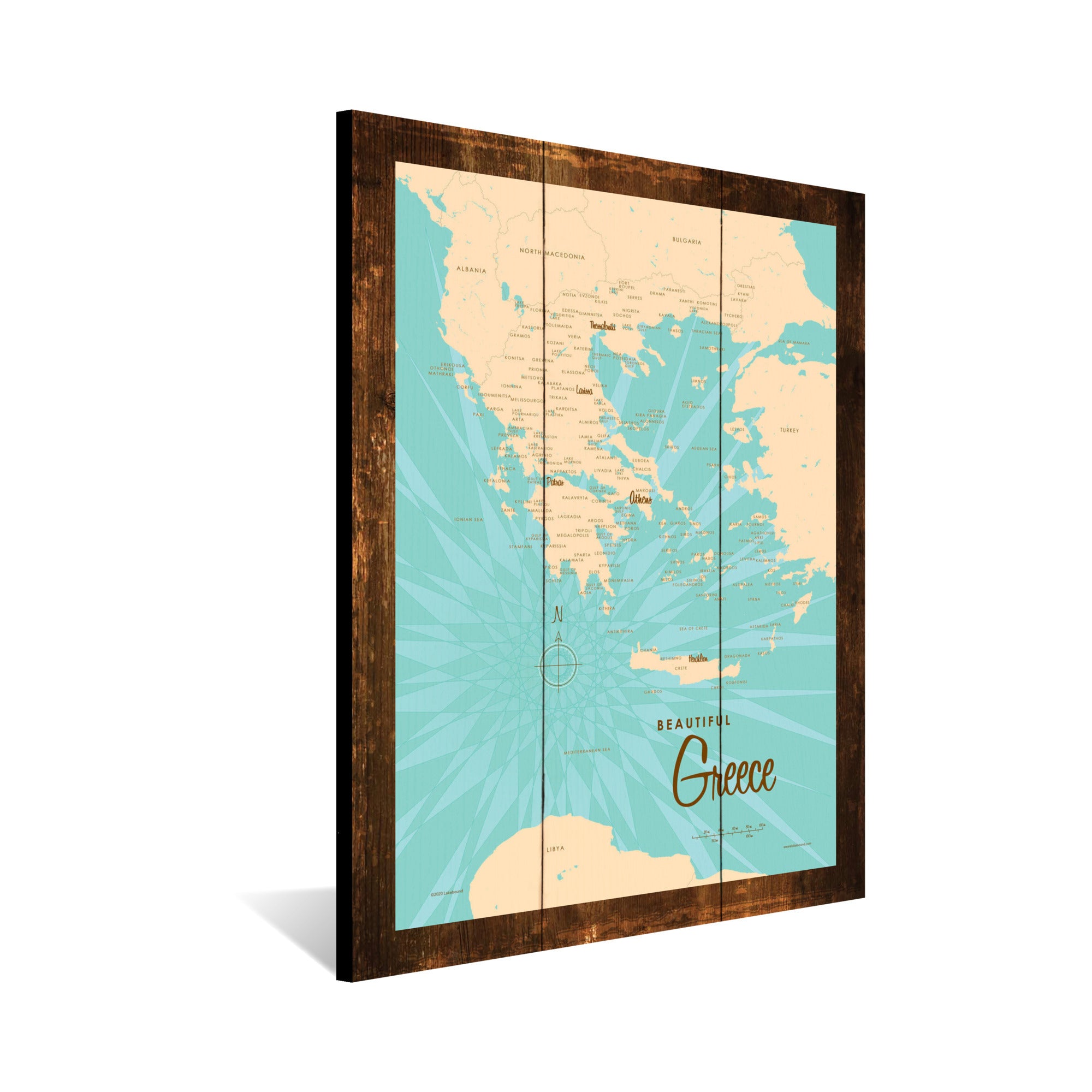 Greece, Rustic Wood Sign Map Art