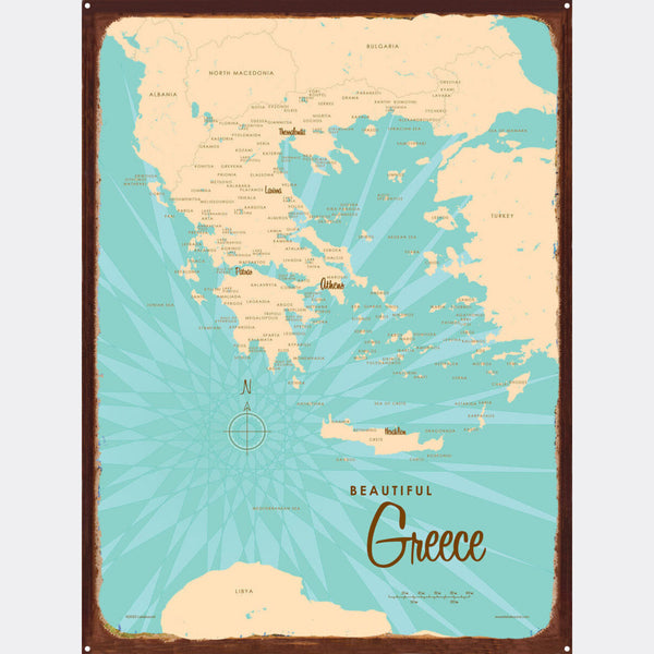 Greece, Rustic Metal Sign Map Art