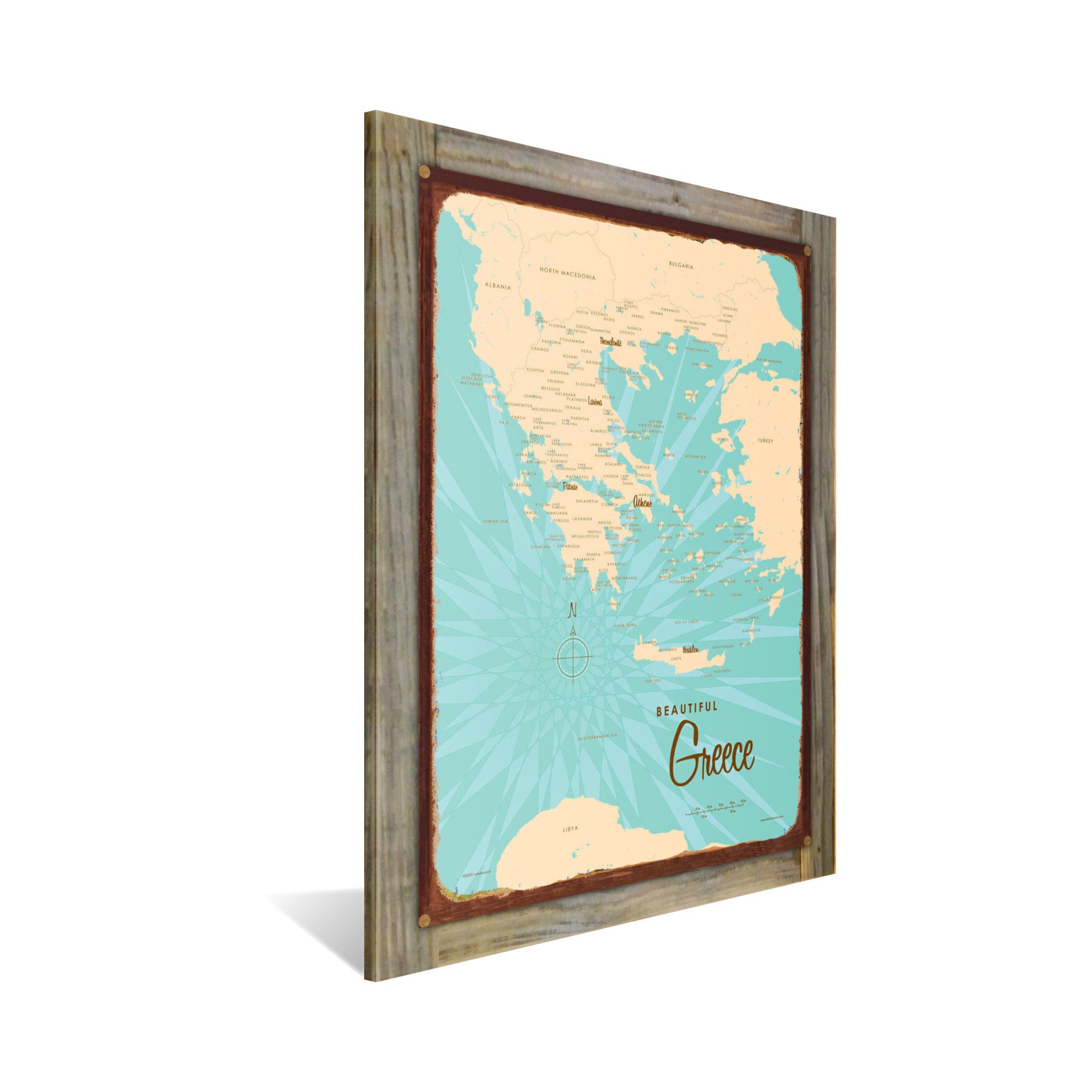 Greece, Wood-Mounted Rustic Metal Sign Map Art