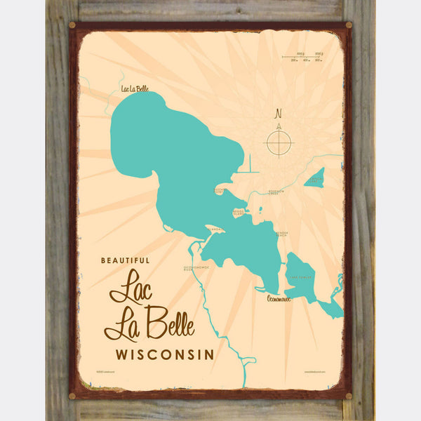 Lac La Belle Wisconsin, Wood-Mounted Rustic Metal Sign Map Art