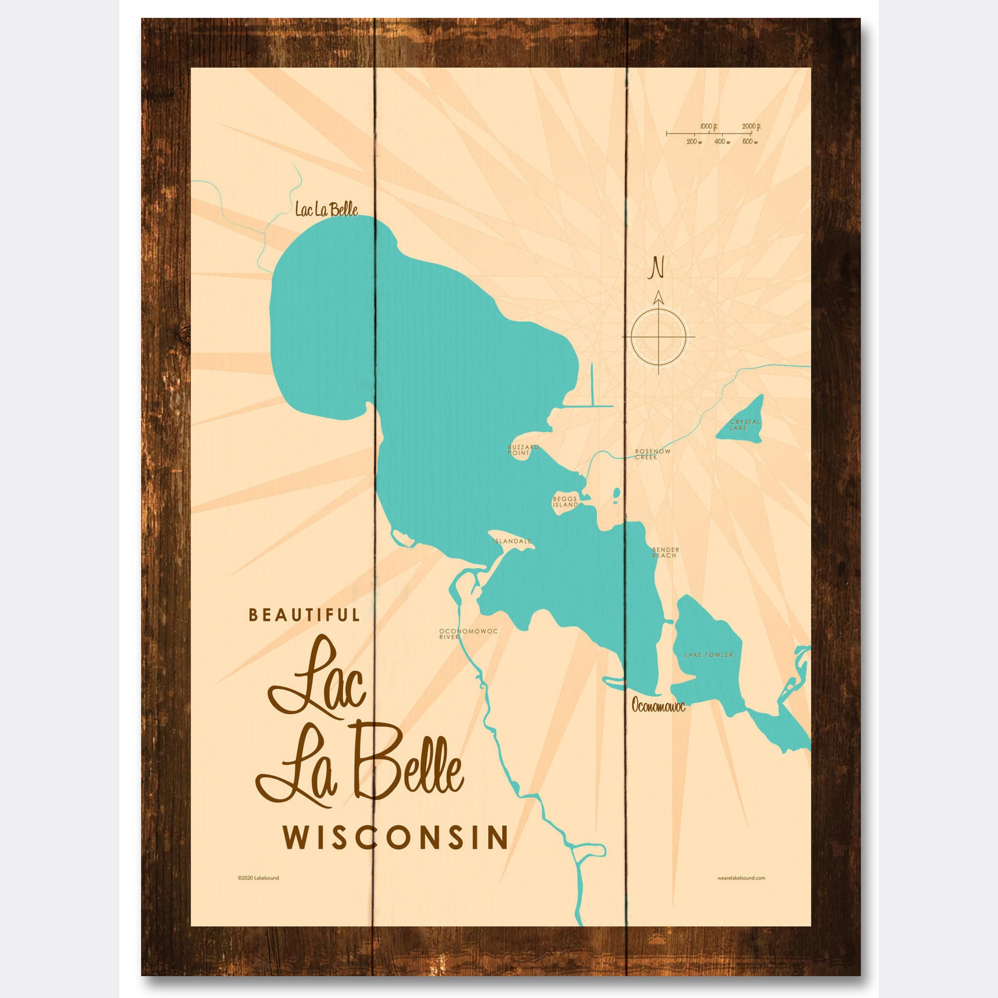 Lac La Belle Wisconsin, Rustic Wood Sign Map Art