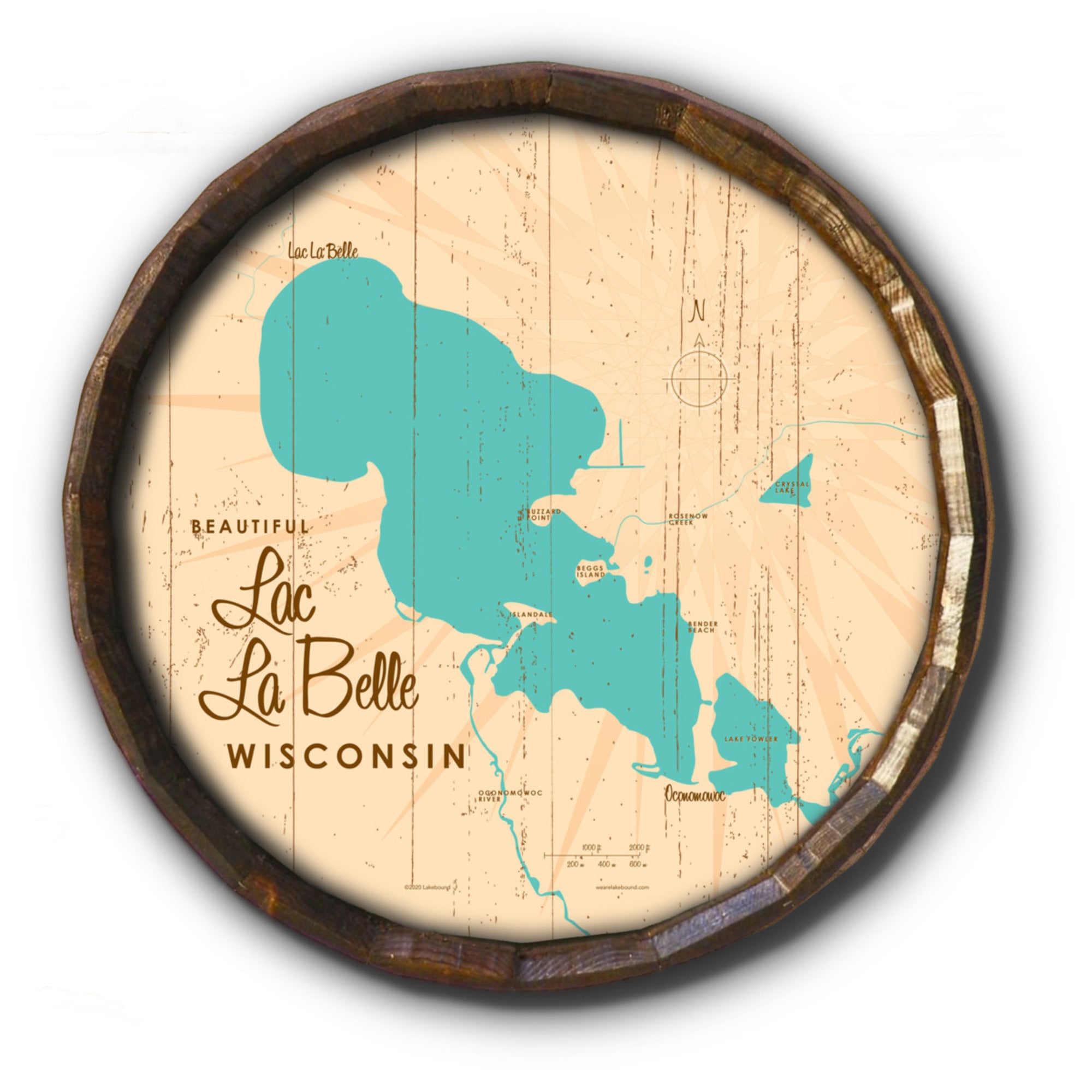 Lac La Belle Wisconsin, Rustic Barrel End Map Art