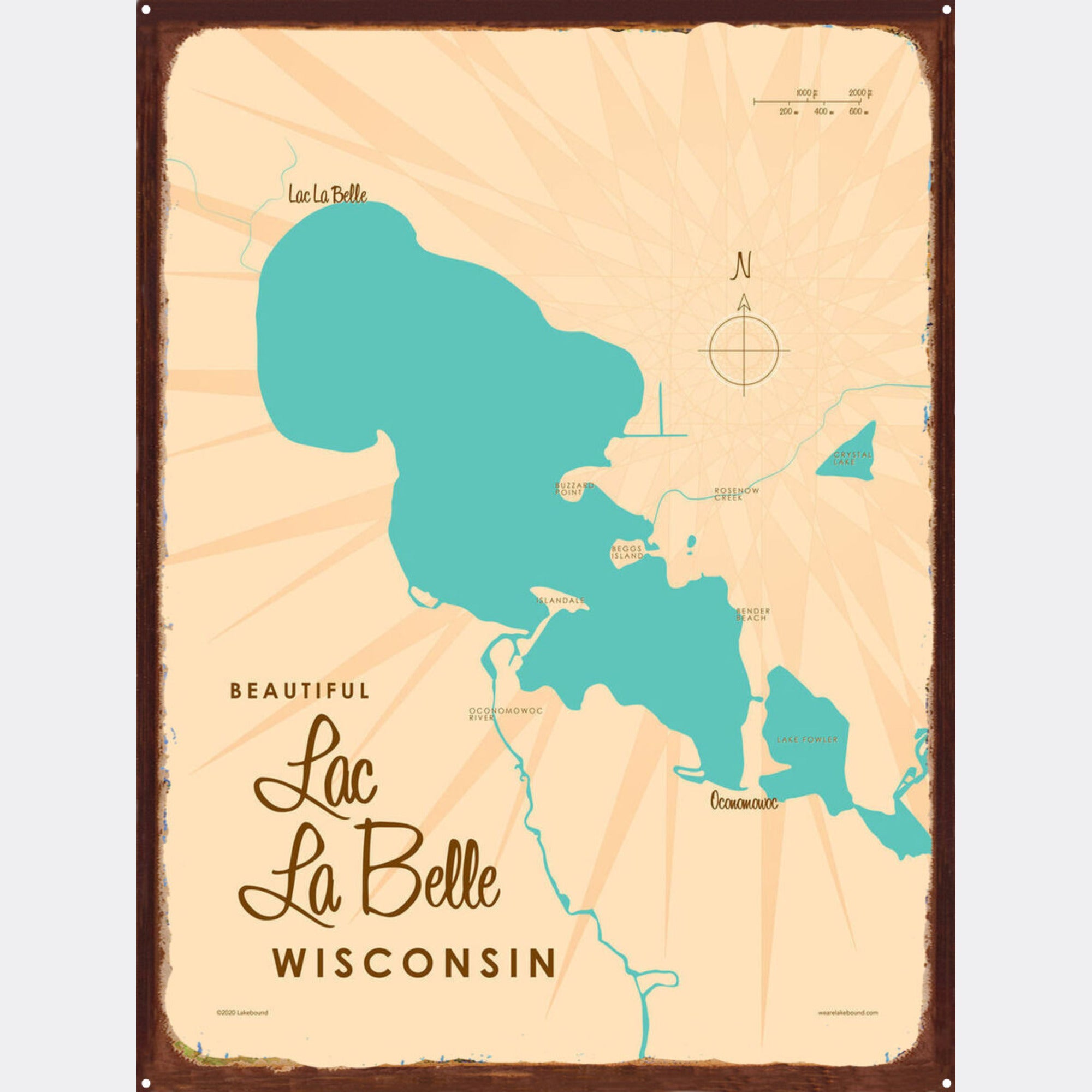 Lac La Belle Wisconsin, Rustic Metal Sign Map Art