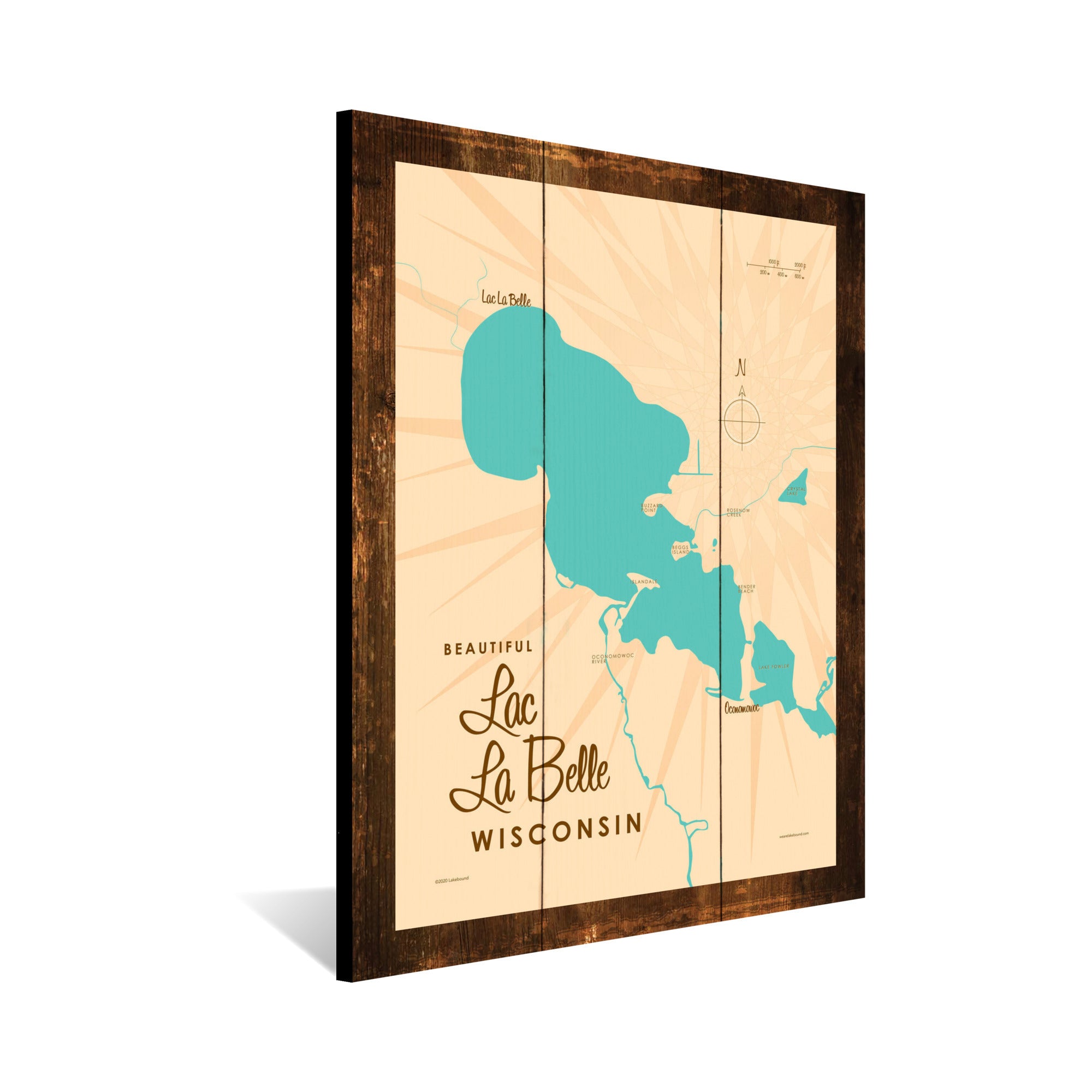 Lac La Belle Wisconsin, Rustic Wood Sign Map Art