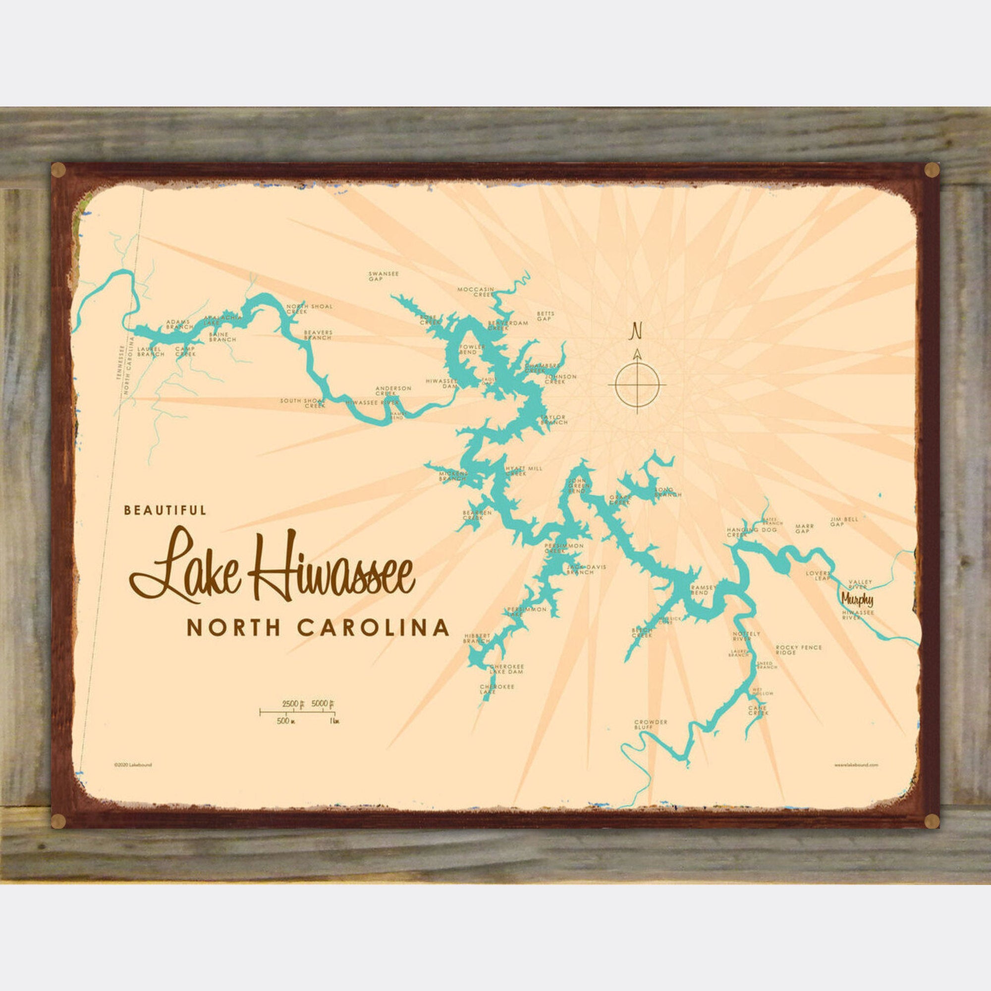 Lake Hiwassee North Carolina, Wood-Mounted Rustic Metal Sign Map Art
