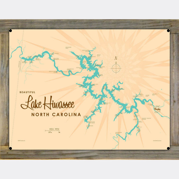 Lake Hiwassee North Carolina, Wood-Mounted Metal Sign Map Art