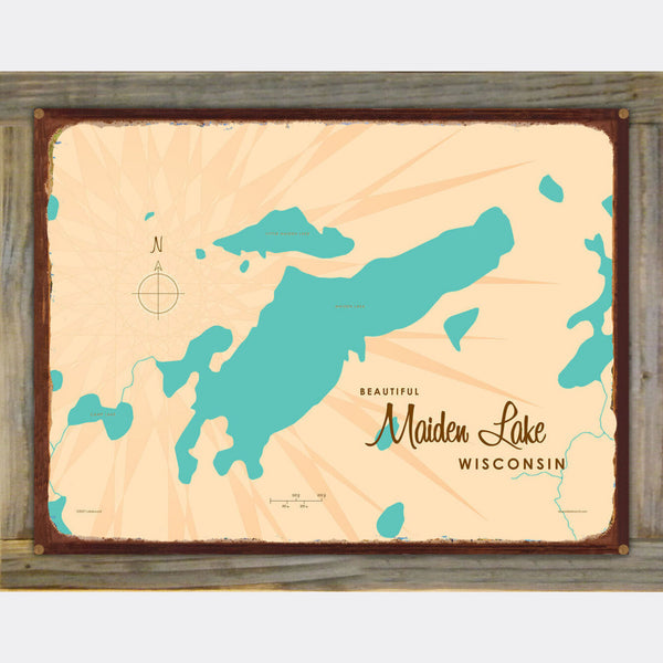 Maiden Lake Wisconsin, Wood-Mounted Rustic Metal Sign Map Art
