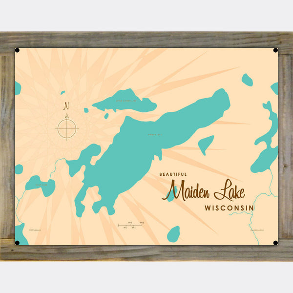 Maiden Lake Wisconsin, Wood-Mounted Metal Sign Map Art