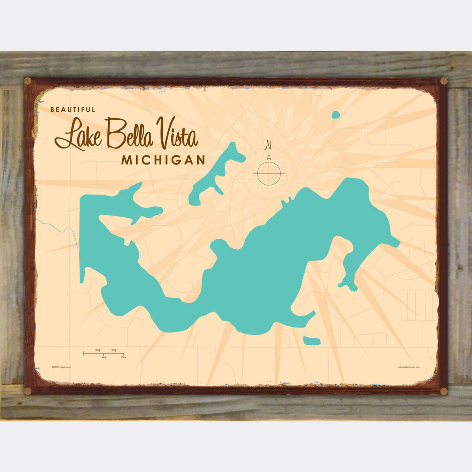 Lake Bella Vista Michigan, Wood-Mounted Rustic Metal Sign Map Art