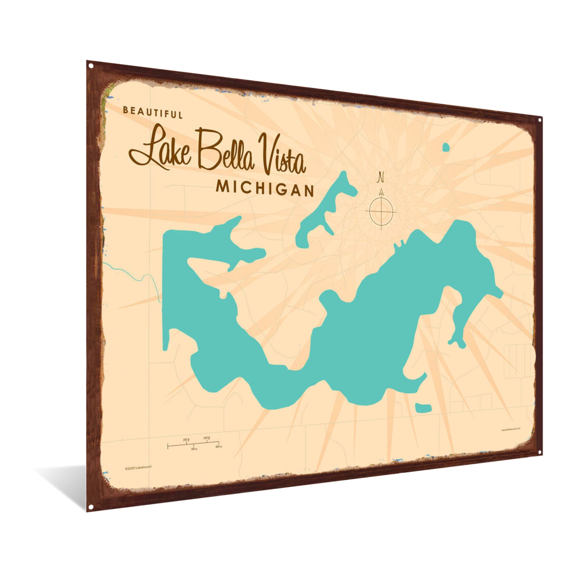 Lake Bella Vista Michigan, Rustic Metal Sign Map Art