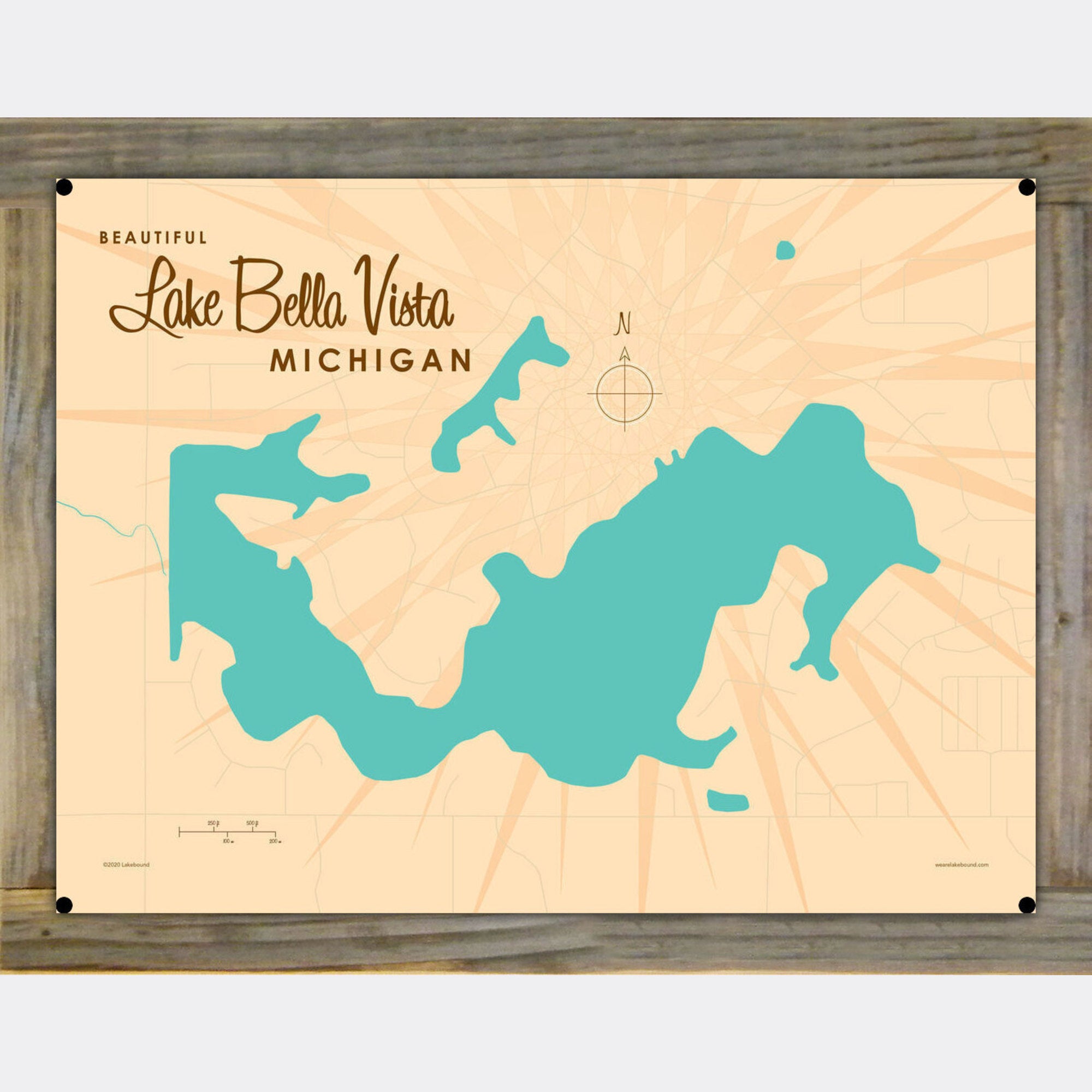 Lake Bella Vista Michigan, Wood-Mounted Metal Sign Map Art