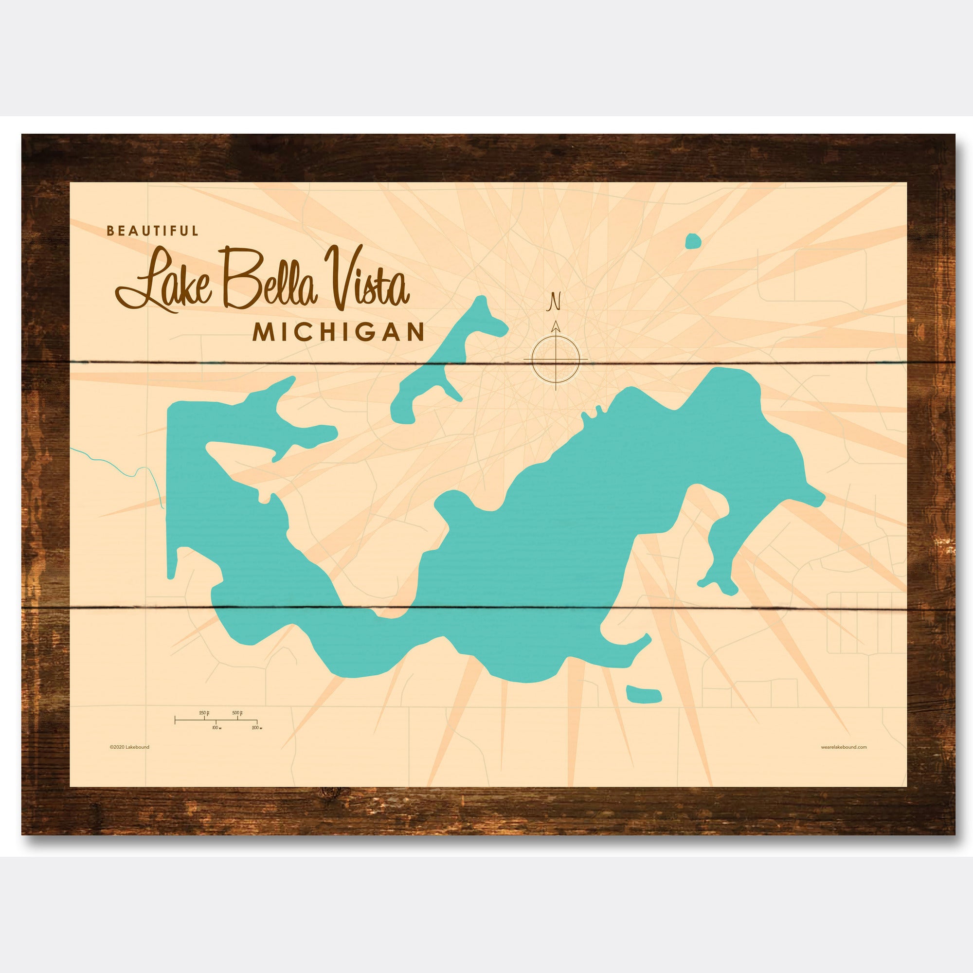 Lake Bella Vista Michigan, Rustic Wood Sign Map Art