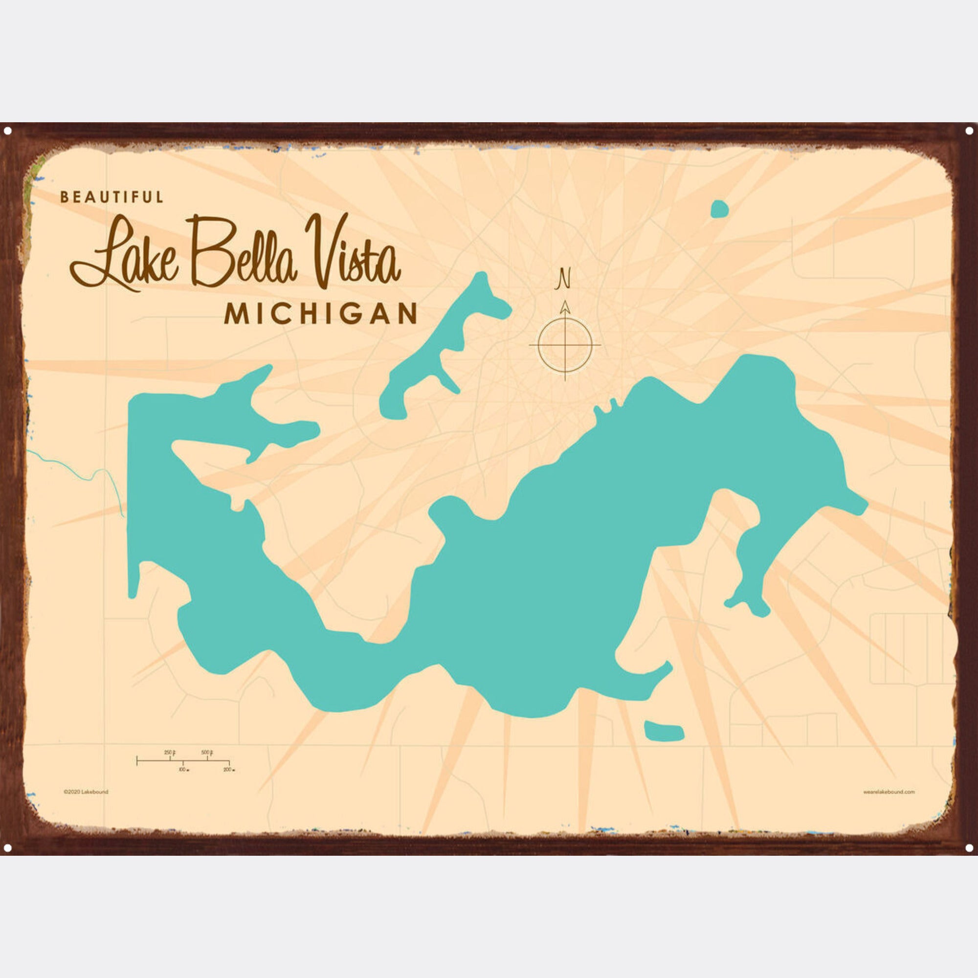 Lake Bella Vista Michigan, Rustic Metal Sign Map Art