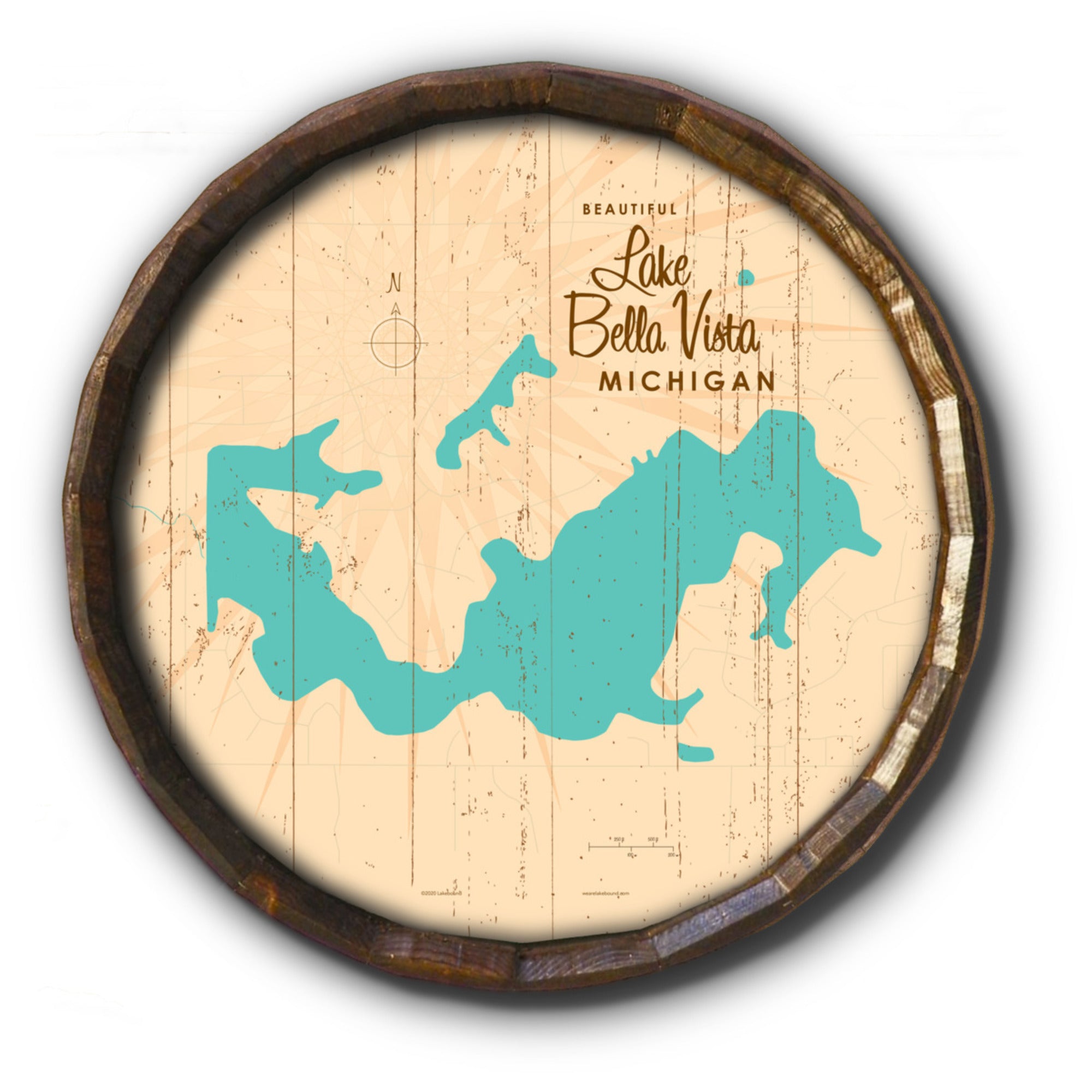 Lake Bella Vista Michigan, Rustic Barrel End Map Art