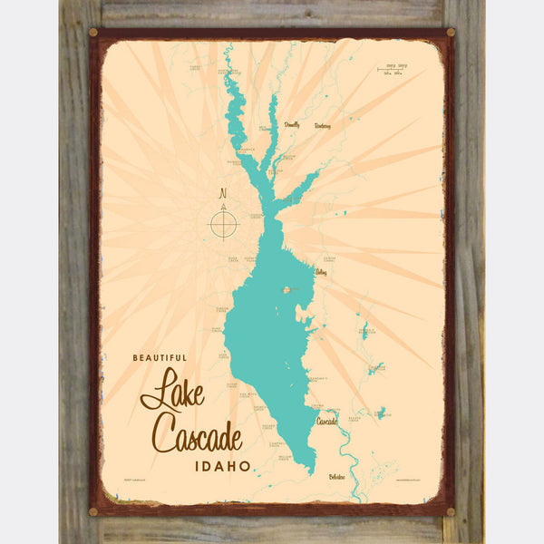 Lake Cascade Idaho, Wood-Mounted Rustic Metal Sign Map Art