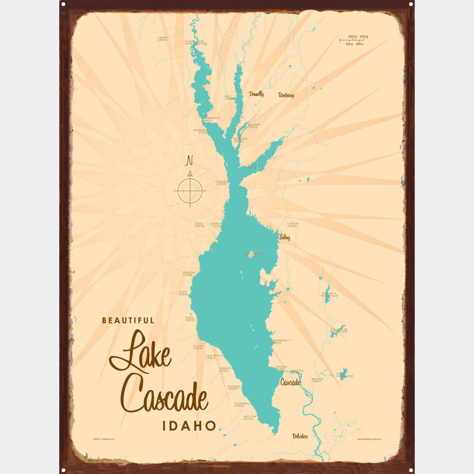 Lake Cascade Idaho, Rustic Metal Sign Map Art