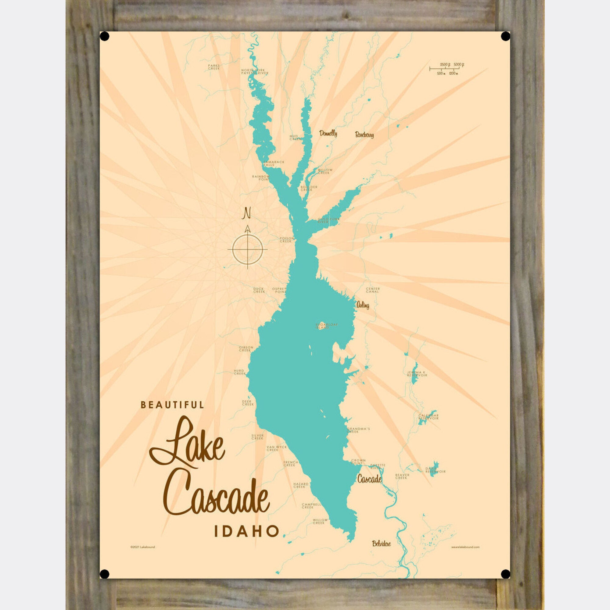 Lake Cascade Idaho, Wood-Mounted Metal Sign Map Art